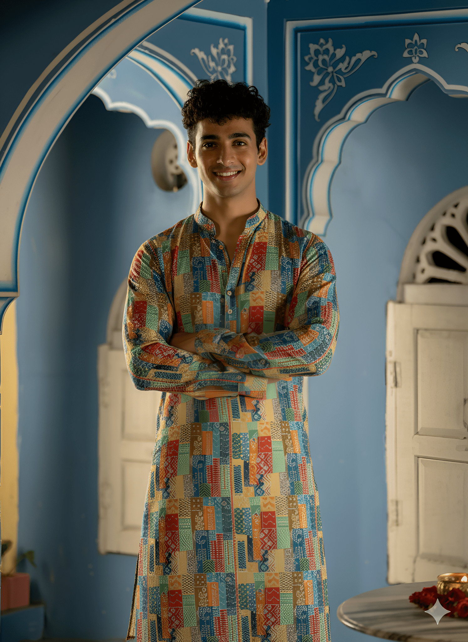 Patchwork Men's Long Kurta with Zari Work - Jaipuri Crown