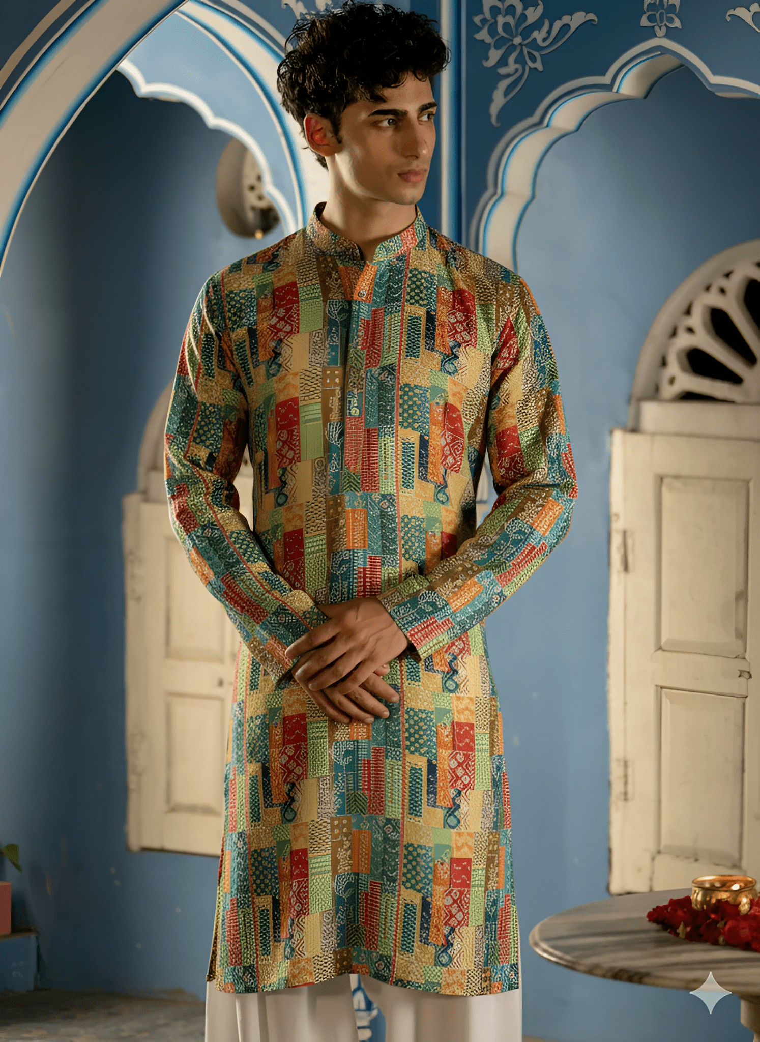 Patchwork Men's Long Kurta with Zari Work - Jaipuri Crown