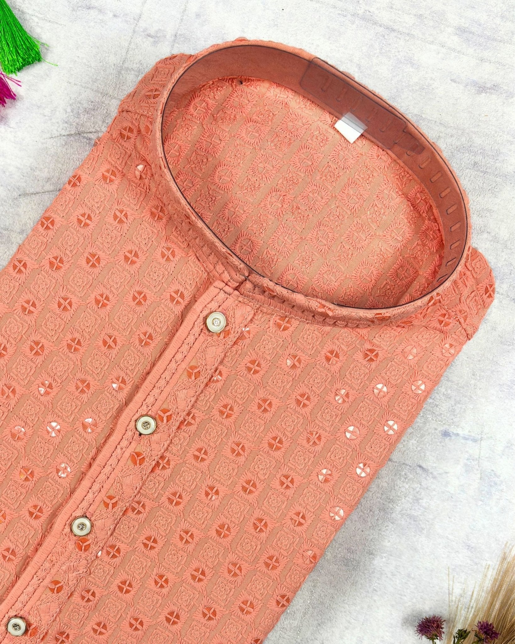 Peach Colour Chikankari Sequinned Kurta - Jaipuri Crown
