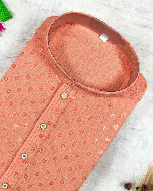Peach Colour Chikankari Sequinned Kurta - Jaipuri Crown