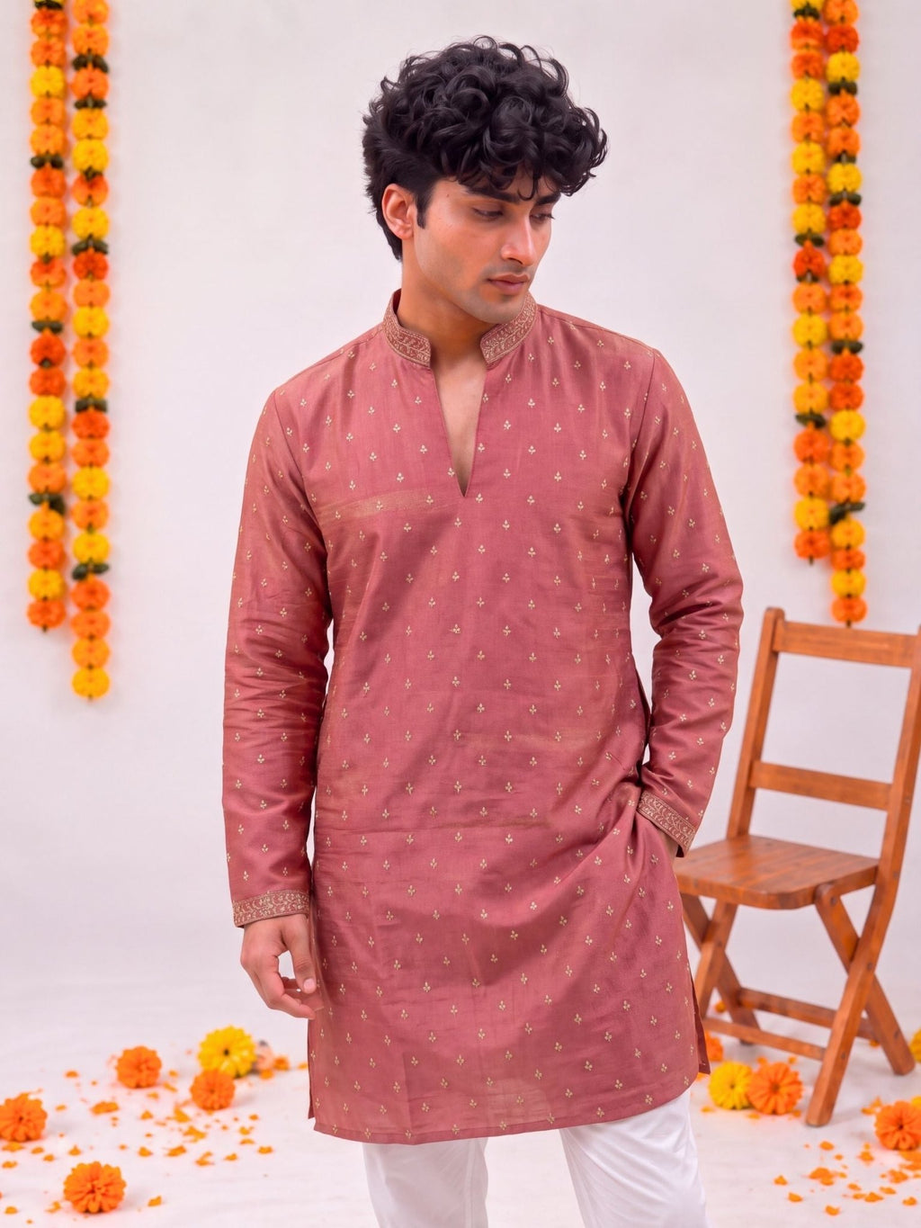 Peach Pink Zari Work – Textured Designer Long Kurta - Jaipuri Crown