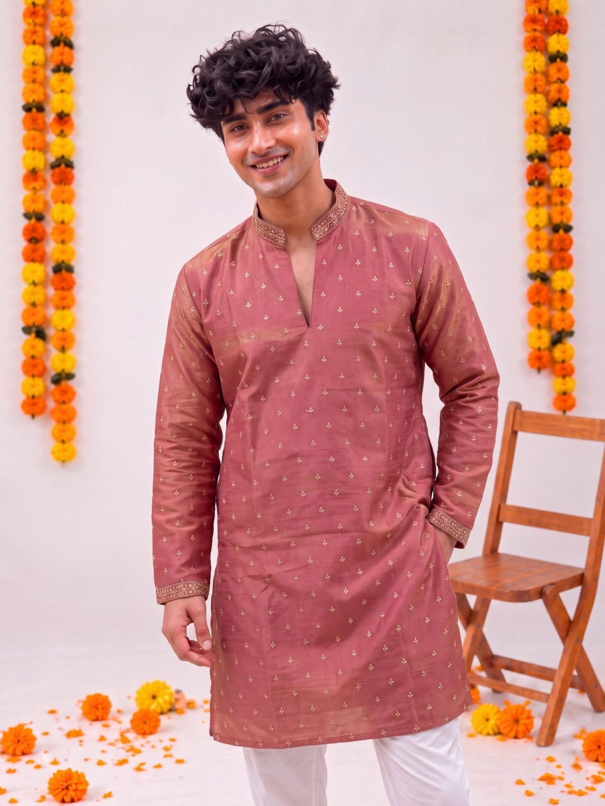 Peach Pink Zari Work – Textured Designer Long Kurta - Jaipuri Crown