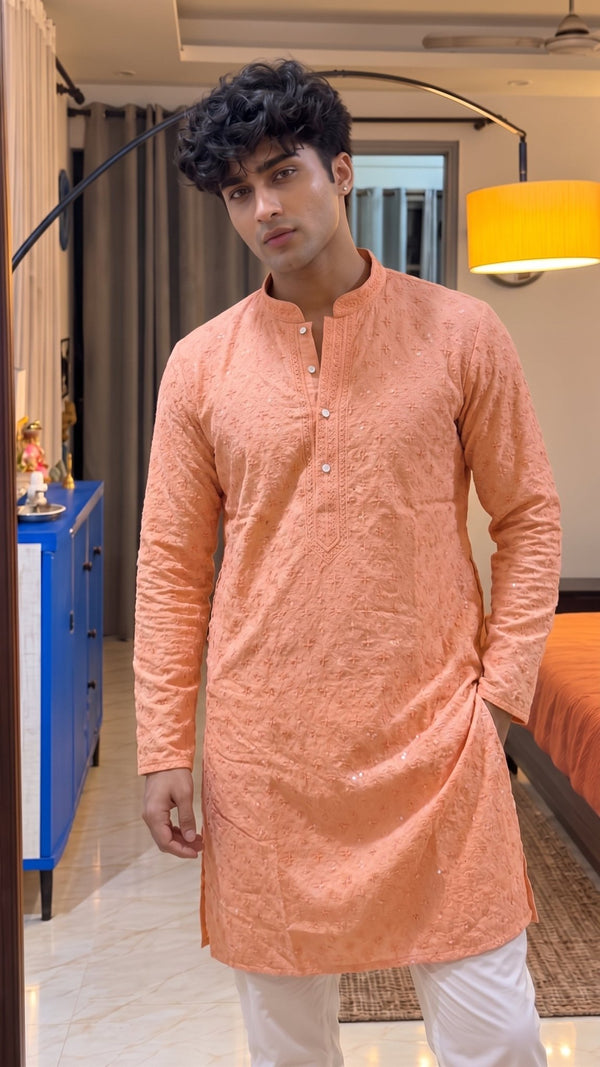 Peach Square Lucknowi Kurta - Jaipuri Crown