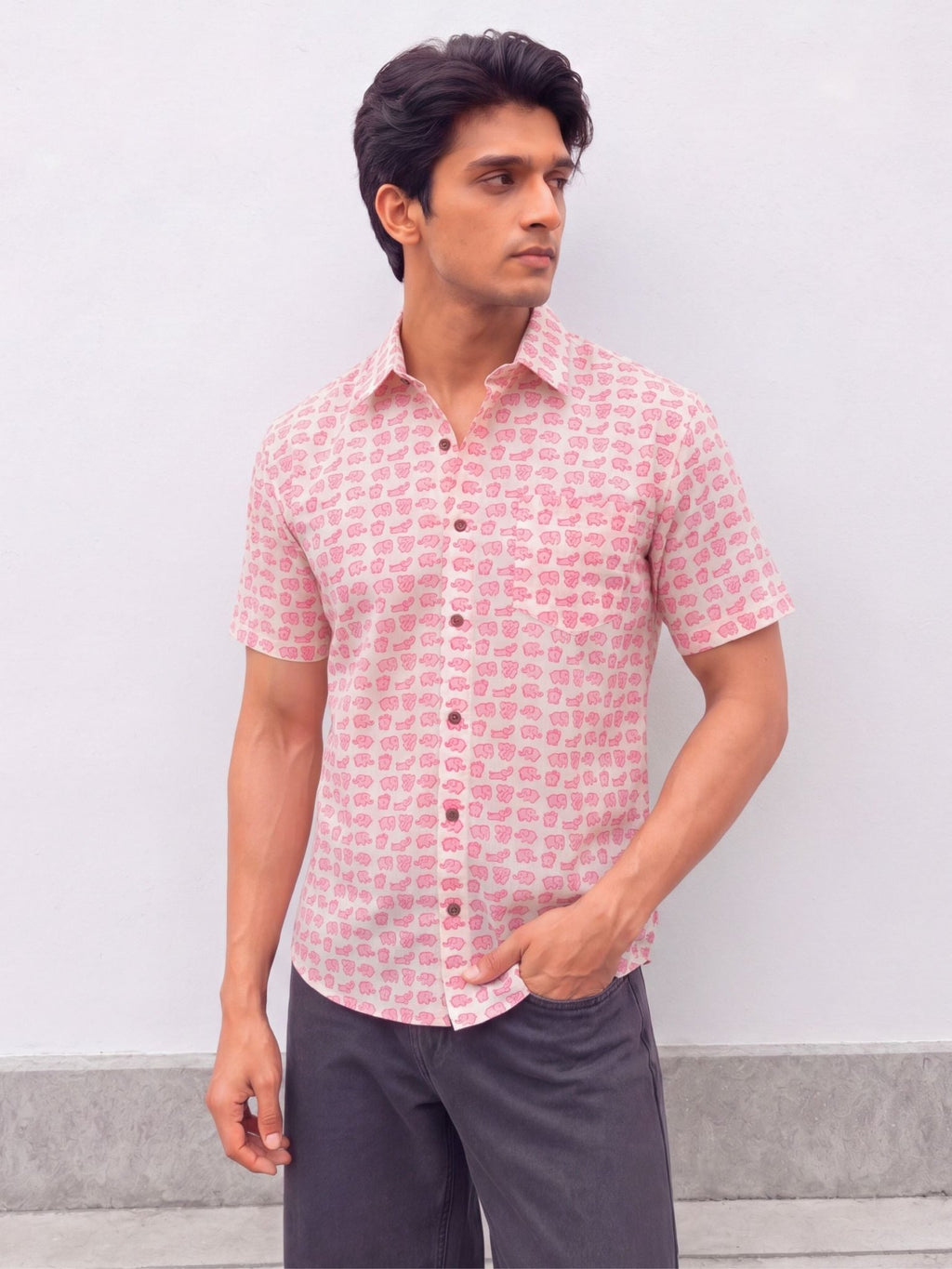 Pink Animal Motif – Cotton Half Sleeve Shirt - Jaipuri Crown