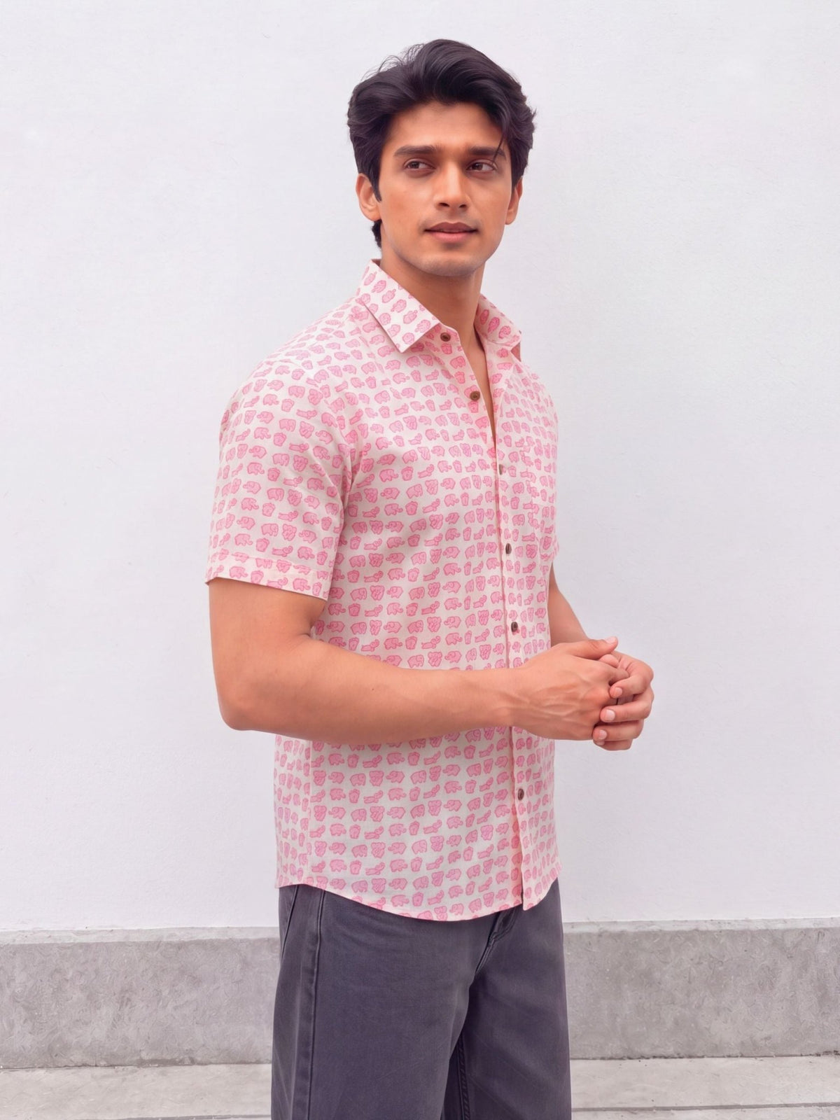 Pink Animal Motif – Cotton Half Sleeve Shirt - Jaipuri Crown