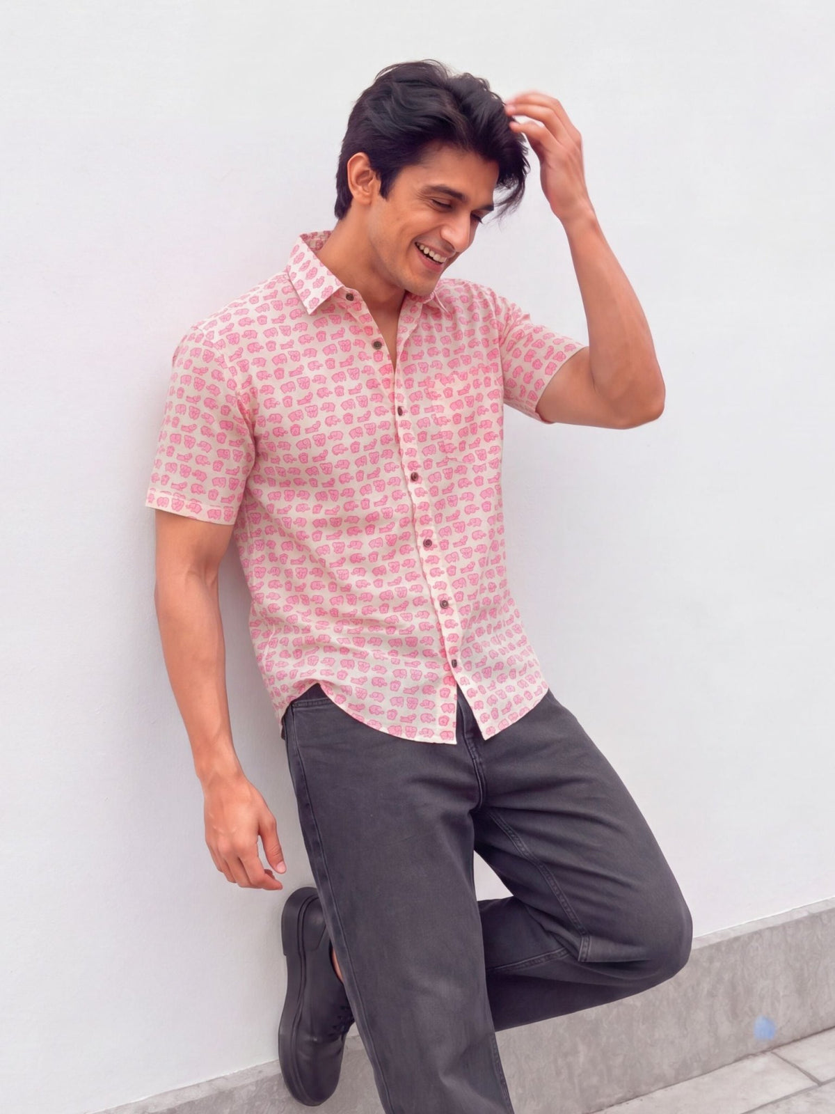 Pink Animal Motif – Cotton Half Sleeve Shirt - Jaipuri Crown