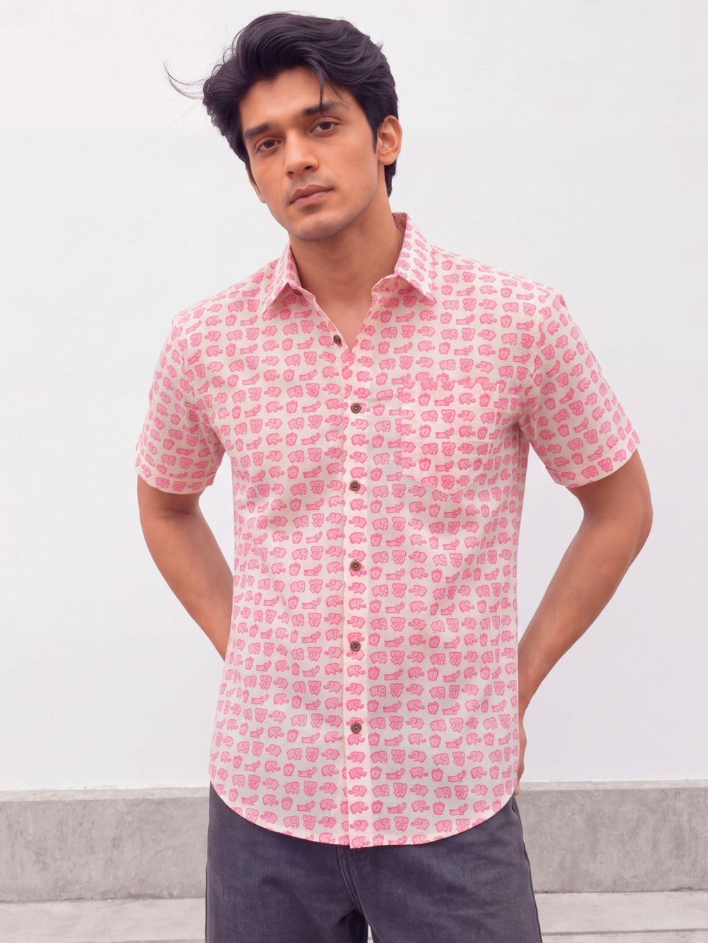 Pink Animal Motif – Cotton Half Sleeve Shirt - Jaipuri Crown
