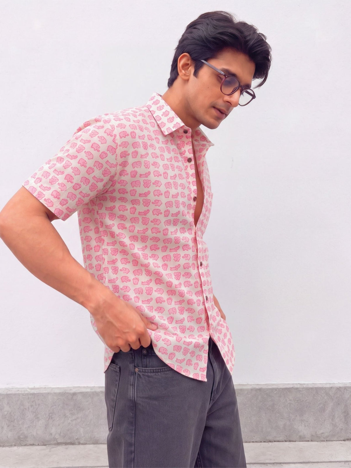 Pink Animal Motif – Cotton Half Sleeve Shirt - Jaipuri Crown