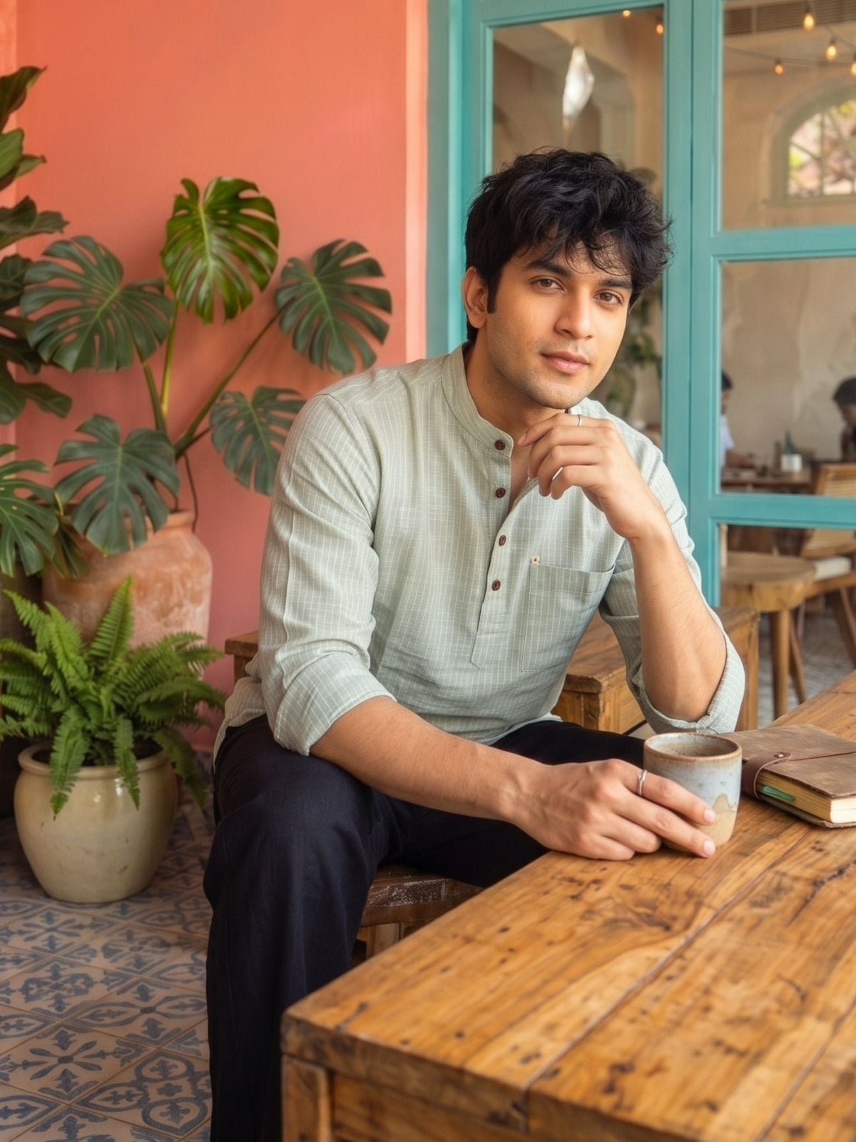 Pistachio Green Textured Short Kurta - Jaipuri Crown