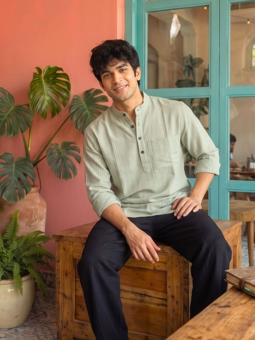 Pistachio Green Textured Short Kurta - Jaipuri Crown