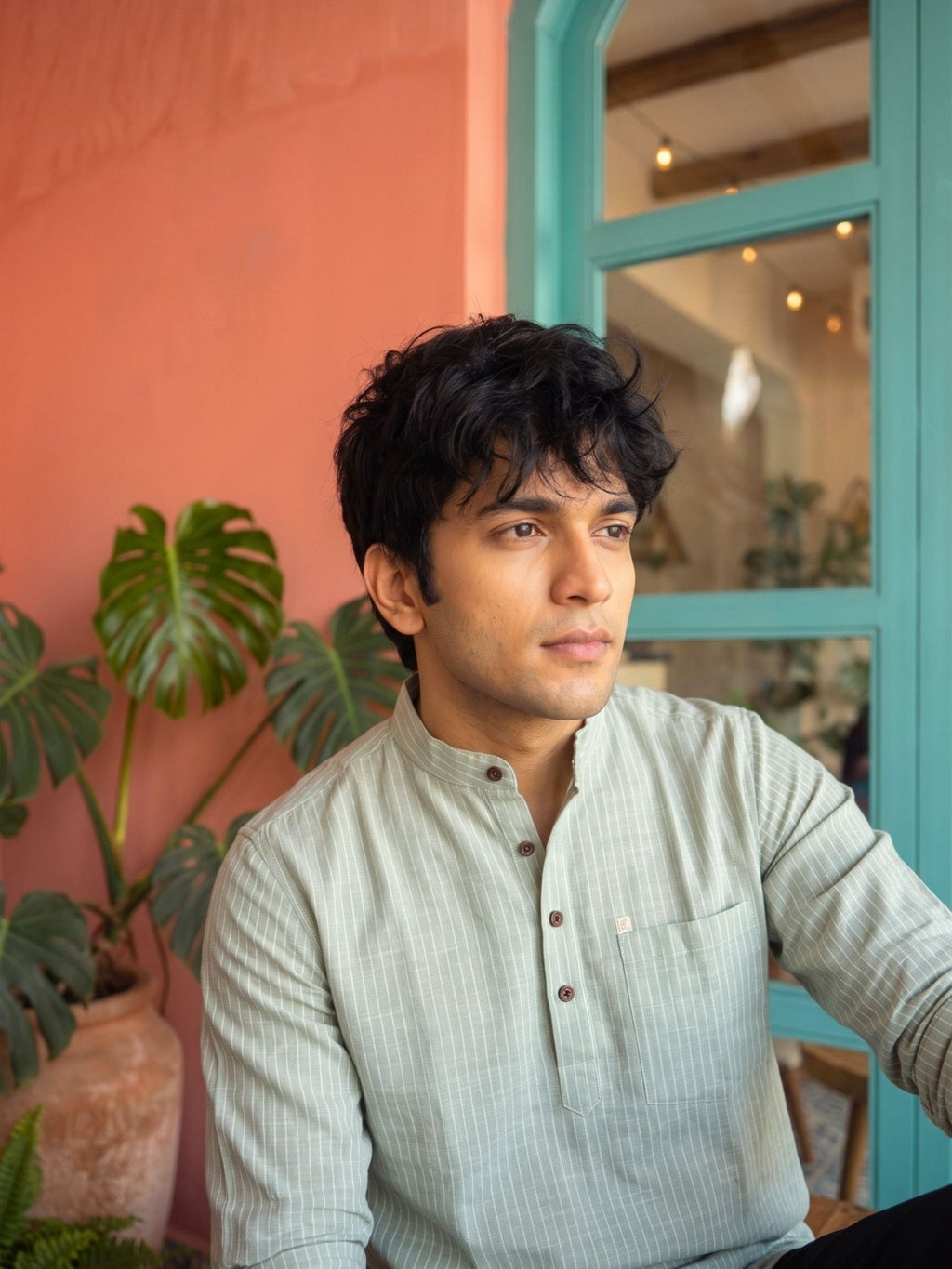 Pistachio Green Textured Short Kurta - Jaipuri Crown