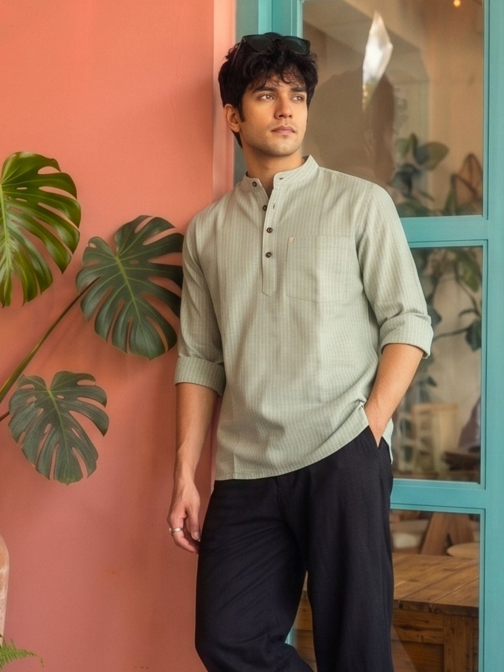 Pistachio Green Textured Short Kurta - Jaipuri Crown