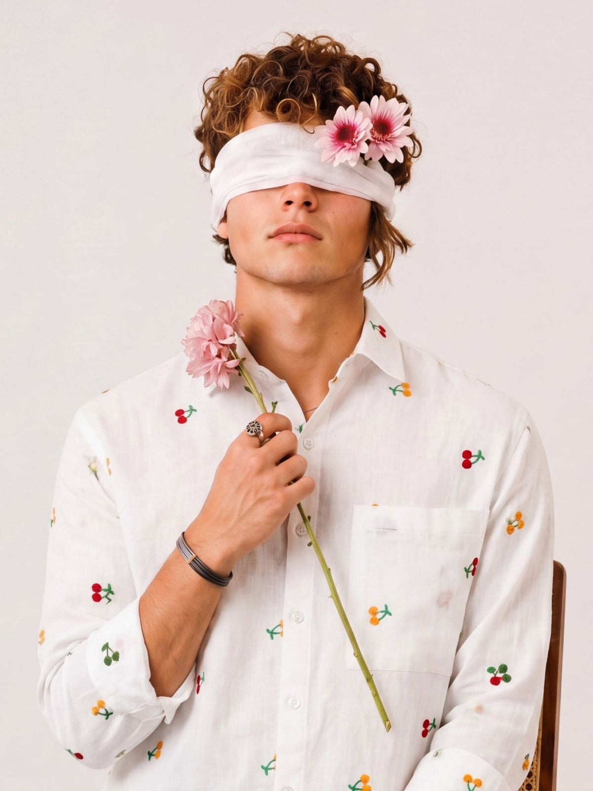 "Prem" — White Cherry Embroidered Cotton Shirt | Jaipuri Crown - Jaipuri Crown