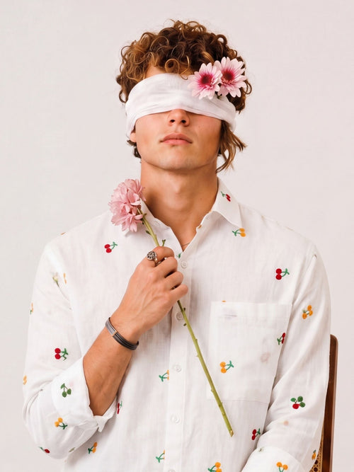 "Prem" — White Cherry Embroidered Cotton Shirt | Jaipuri Crown - Jaipuri Crown