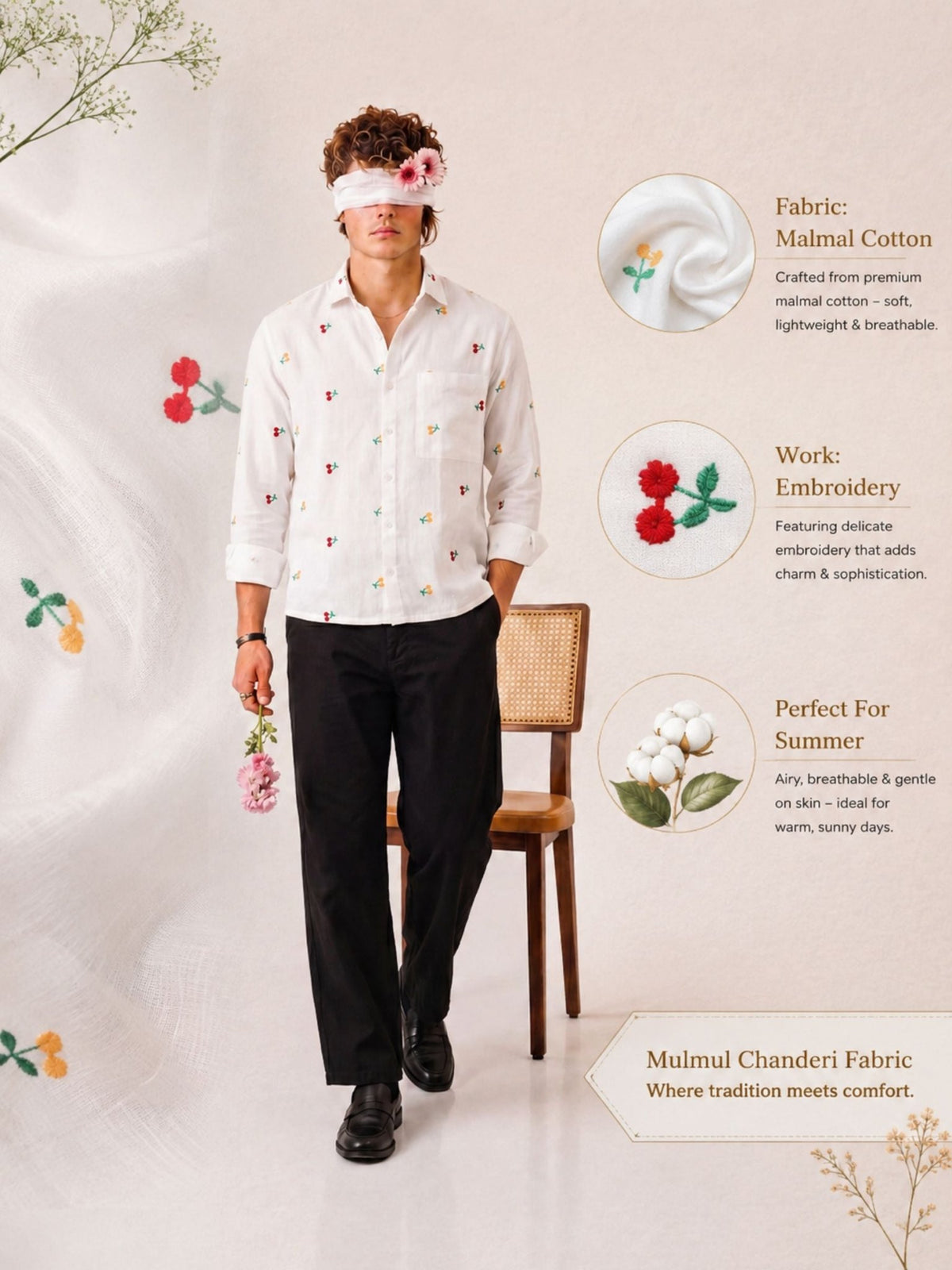 "Prem" — White Cherry Embroidered Cotton Shirt | Jaipuri Crown - Jaipuri Crown