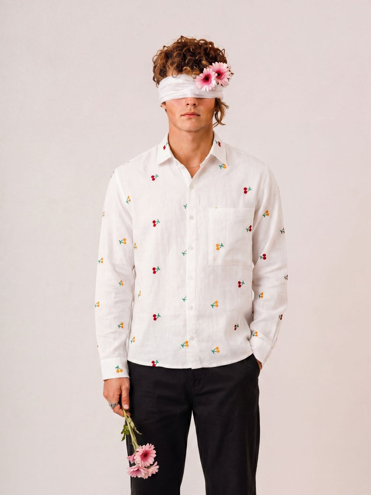 "Prem" — White Cherry Embroidered Cotton Shirt | Jaipuri Crown - Jaipuri Crown