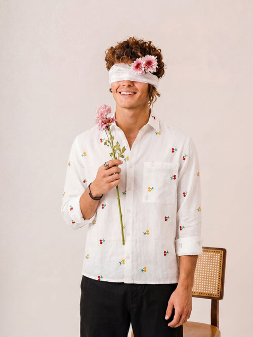 "Prem" — White Cherry Embroidered Cotton Shirt | Jaipuri Crown - Jaipuri Crown
