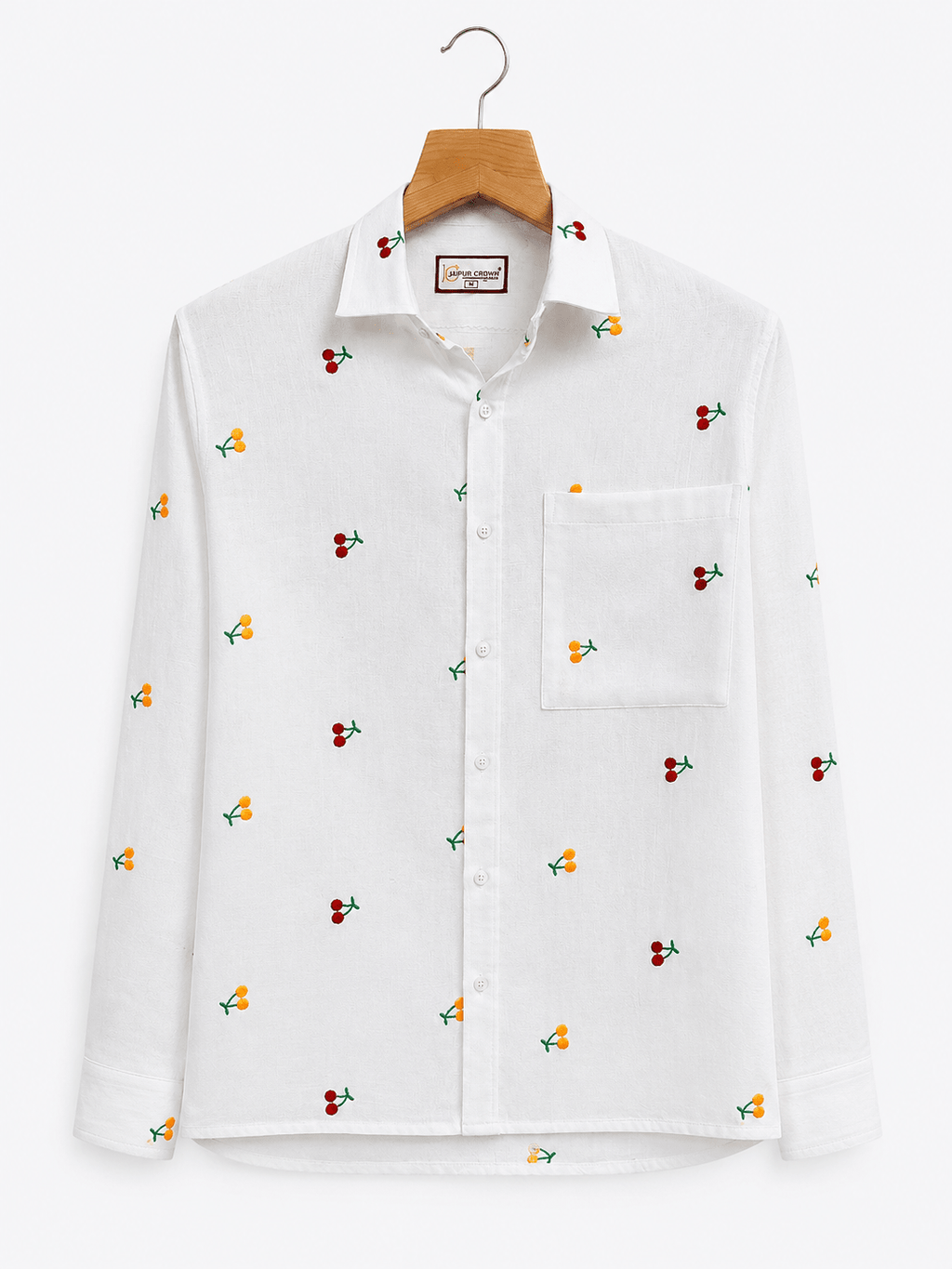 "Prem" — White Cherry Embroidered Cotton Shirt | Jaipuri Crown - Jaipuri Crown
