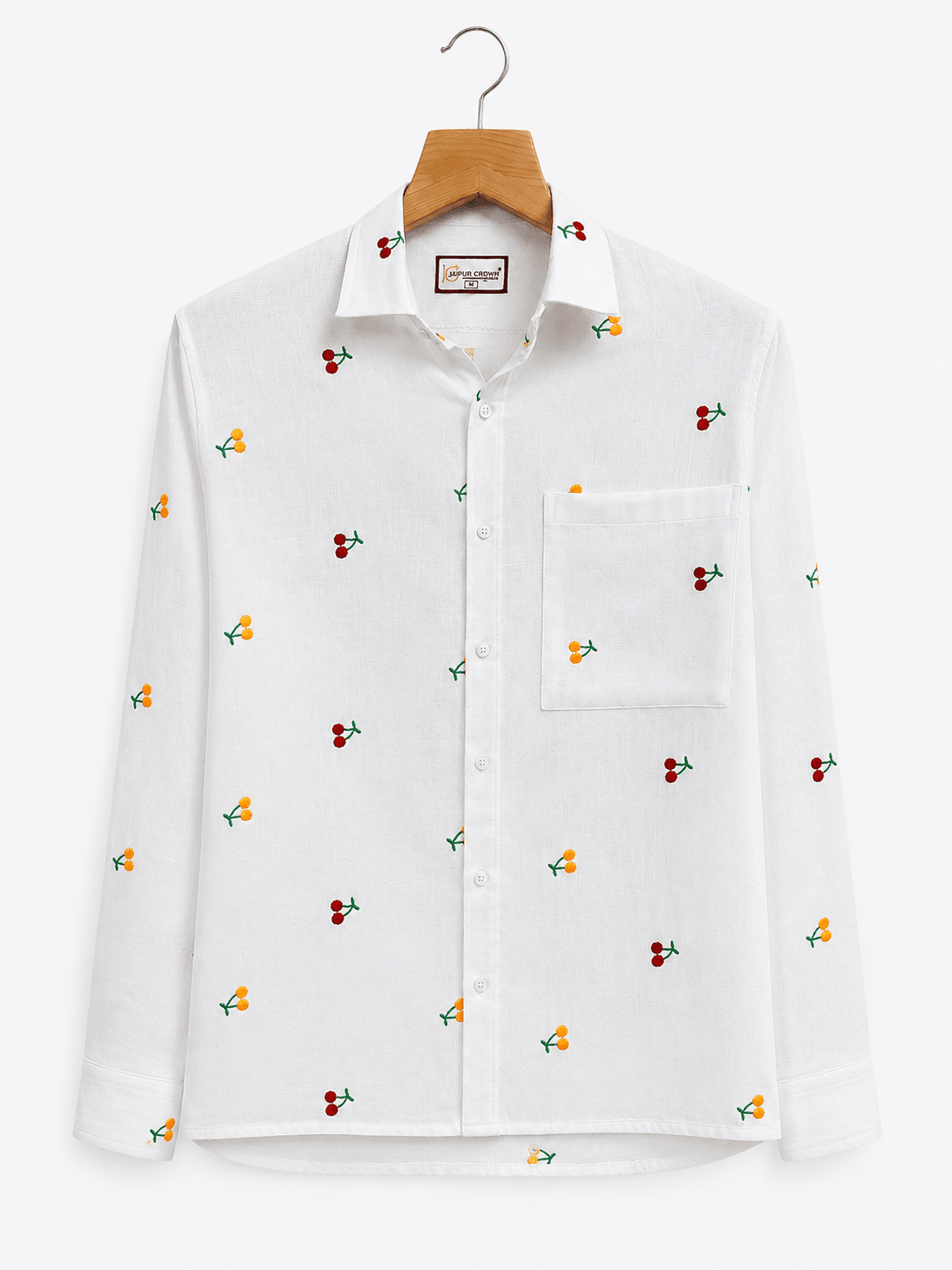 "Prem" — White Cherry Embroidered Cotton Shirt | Jaipuri Crown - Jaipuri Crown