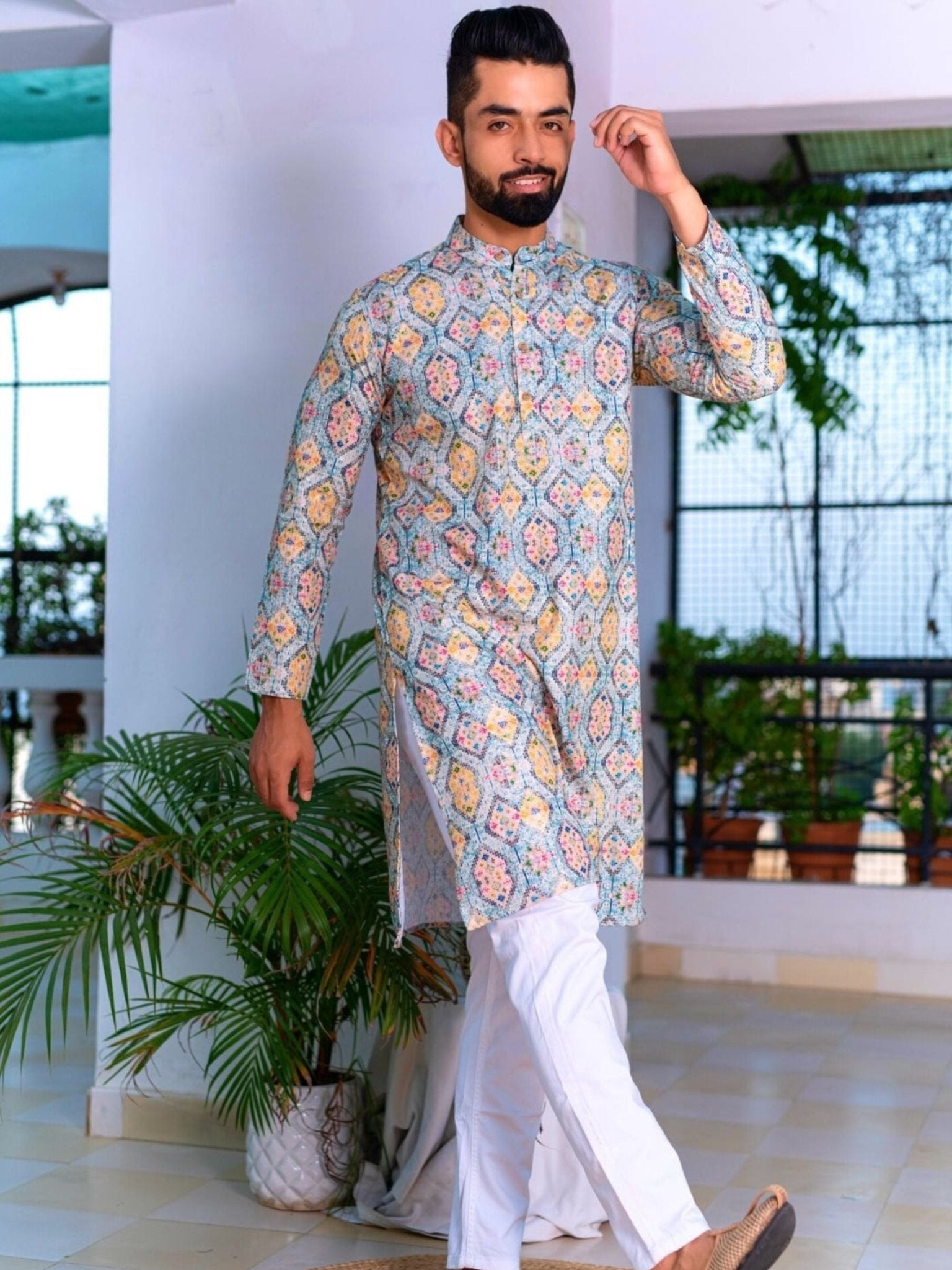 Printed Designer Cotton Kurta - Blue Multi - Jaipuri Crown