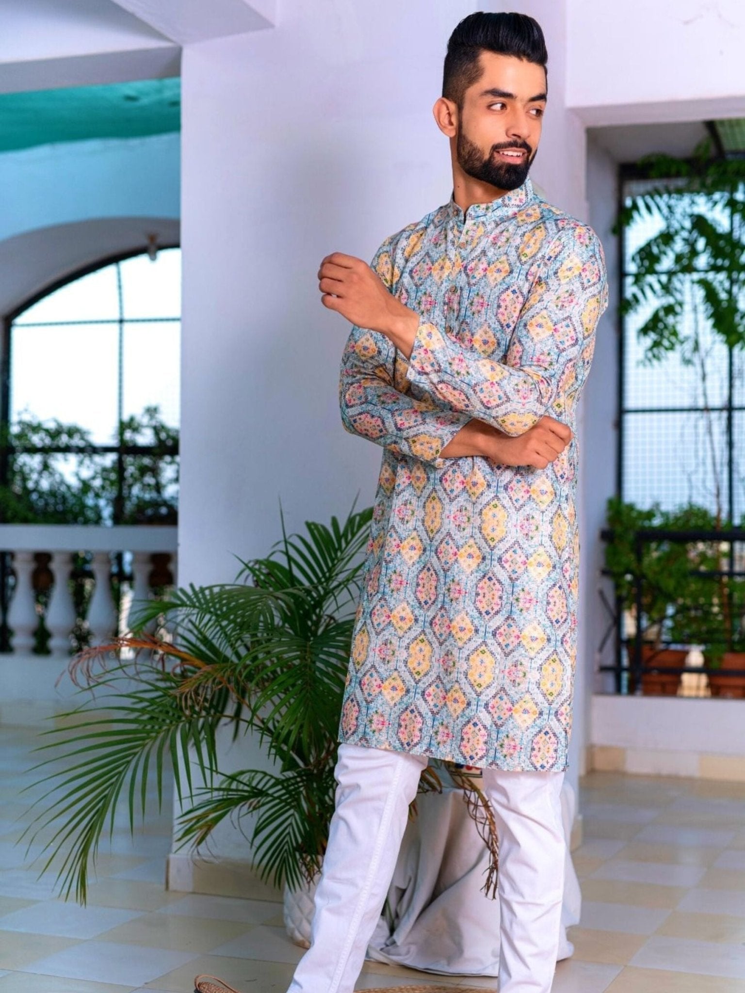 Printed Designer Cotton Kurta - Blue Multi - Jaipuri Crown