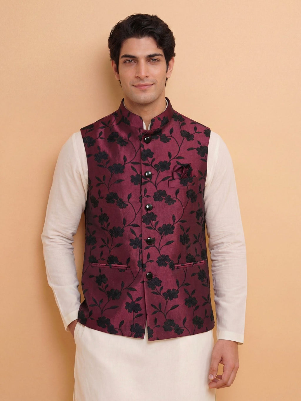 "राग" (Raag) Wine Floral Shadow Jacquard Modi Jacket - Jaipuri Crown