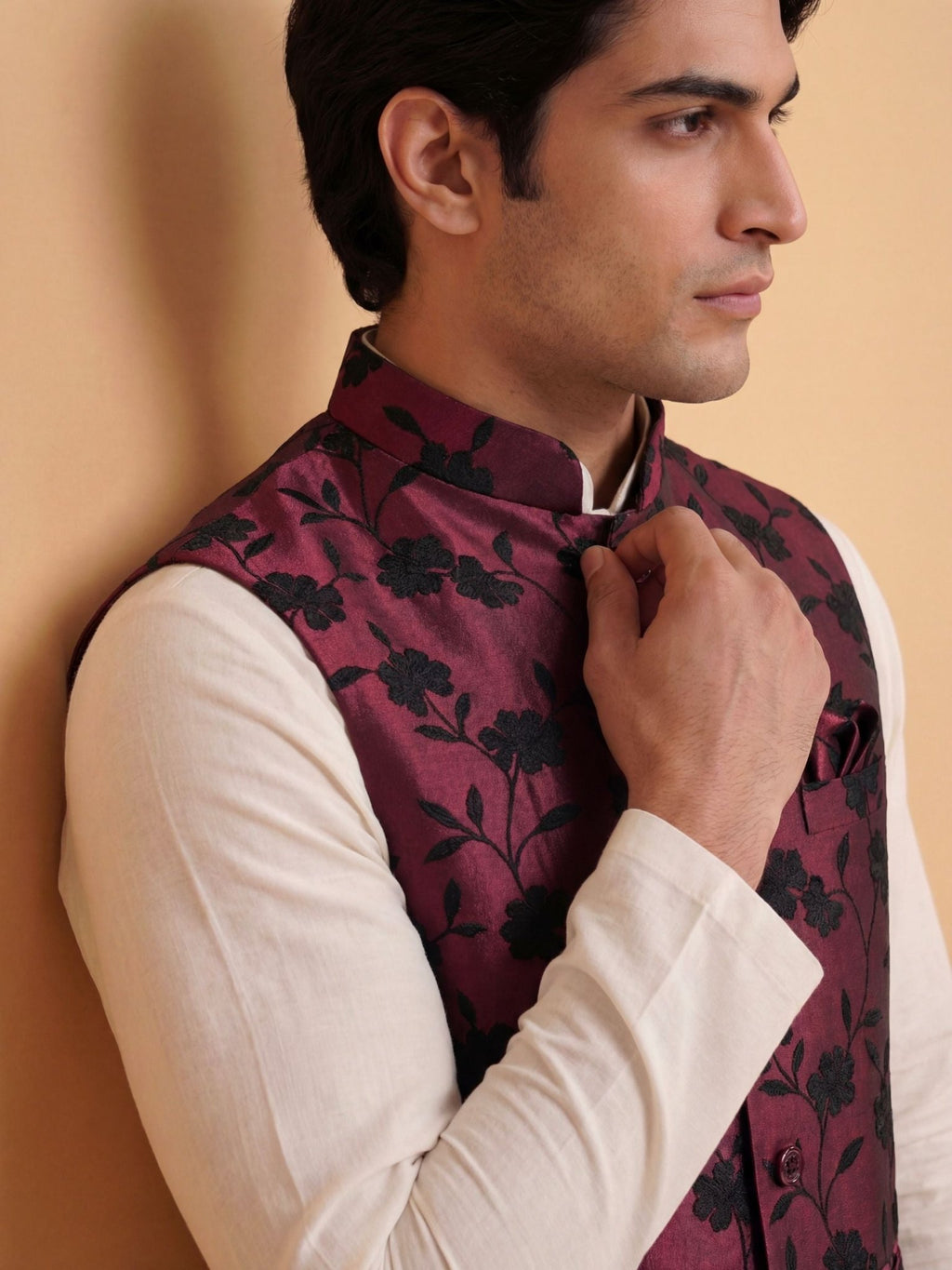 "राग" (Raag) Wine Floral Shadow Jacquard Modi Jacket - Jaipuri Crown