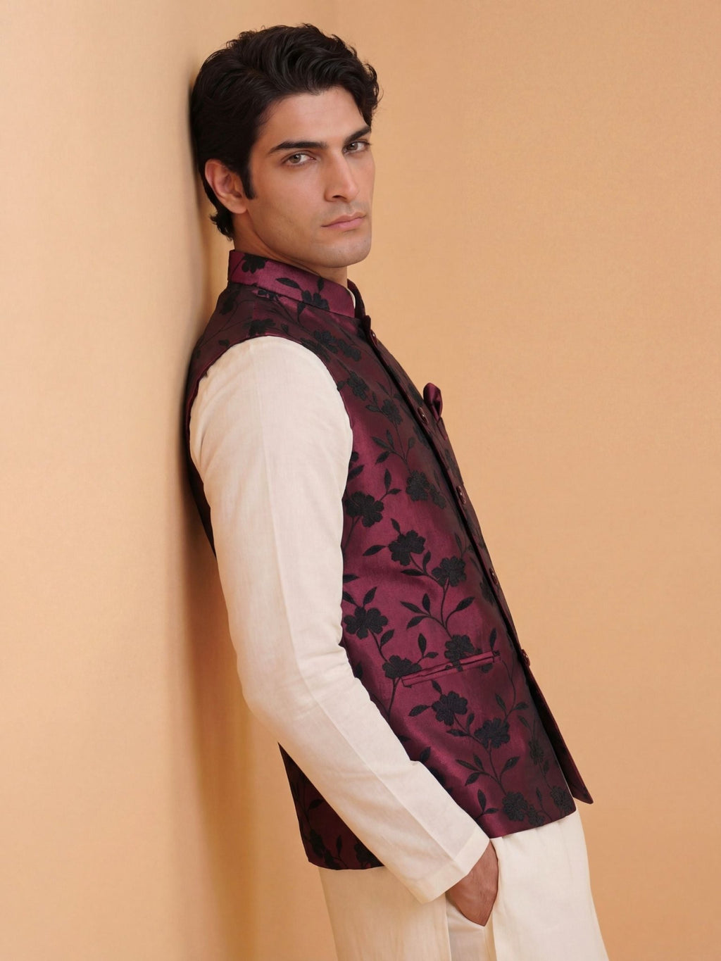 "राग" (Raag) Wine Floral Shadow Jacquard Modi Jacket - Jaipuri Crown