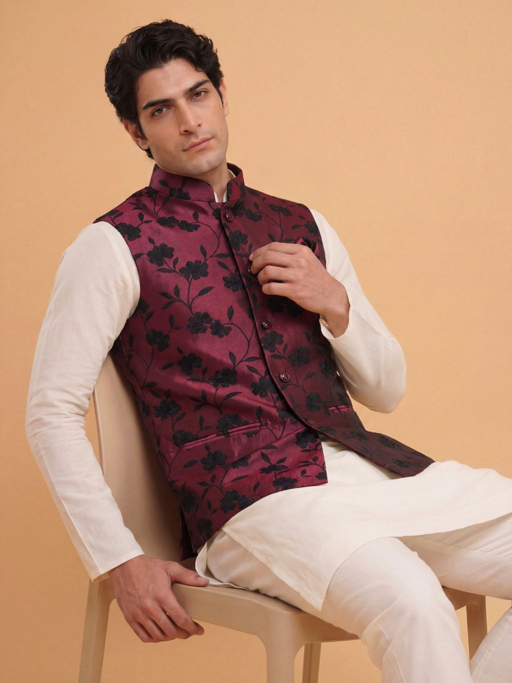 "राग" (Raag) Wine Floral Shadow Jacquard Modi Jacket - Jaipuri Crown