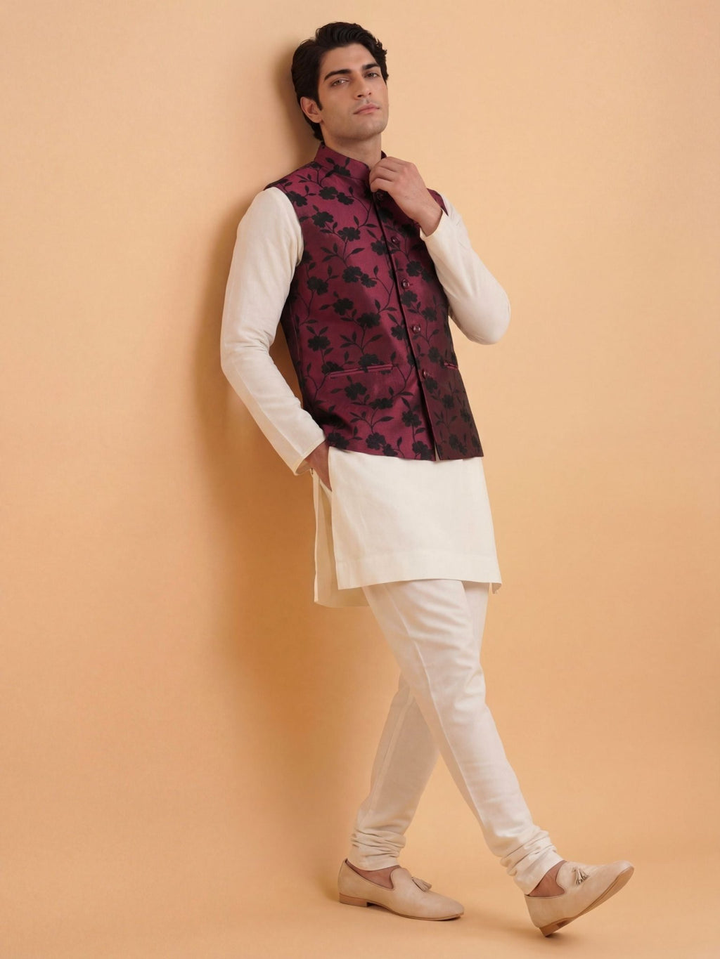 "राग" (Raag) Wine Floral Shadow Jacquard Modi Jacket - Jaipuri Crown