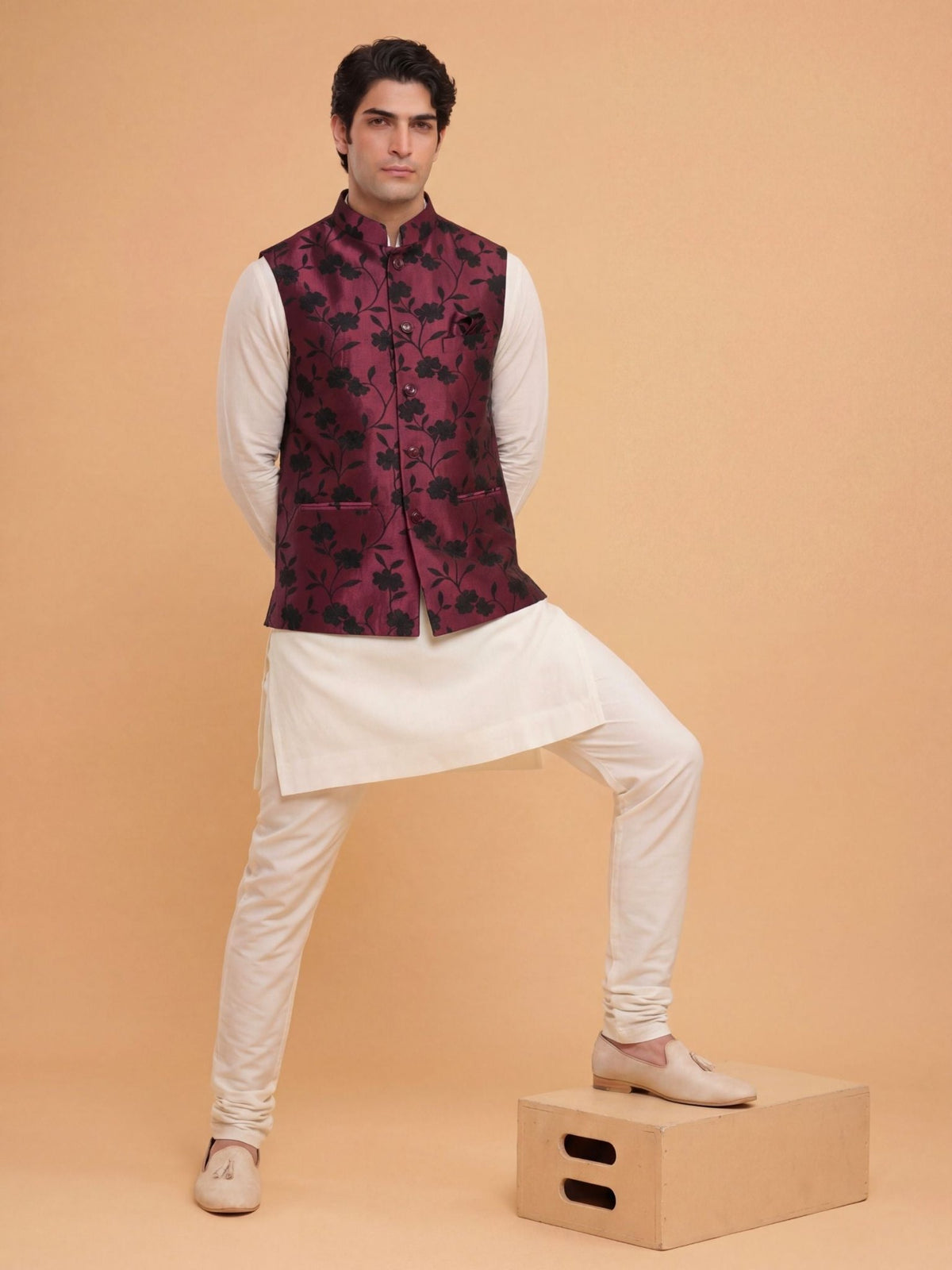 "राग" (Raag) Wine Floral Shadow Jacquard Modi Jacket - Jaipuri Crown