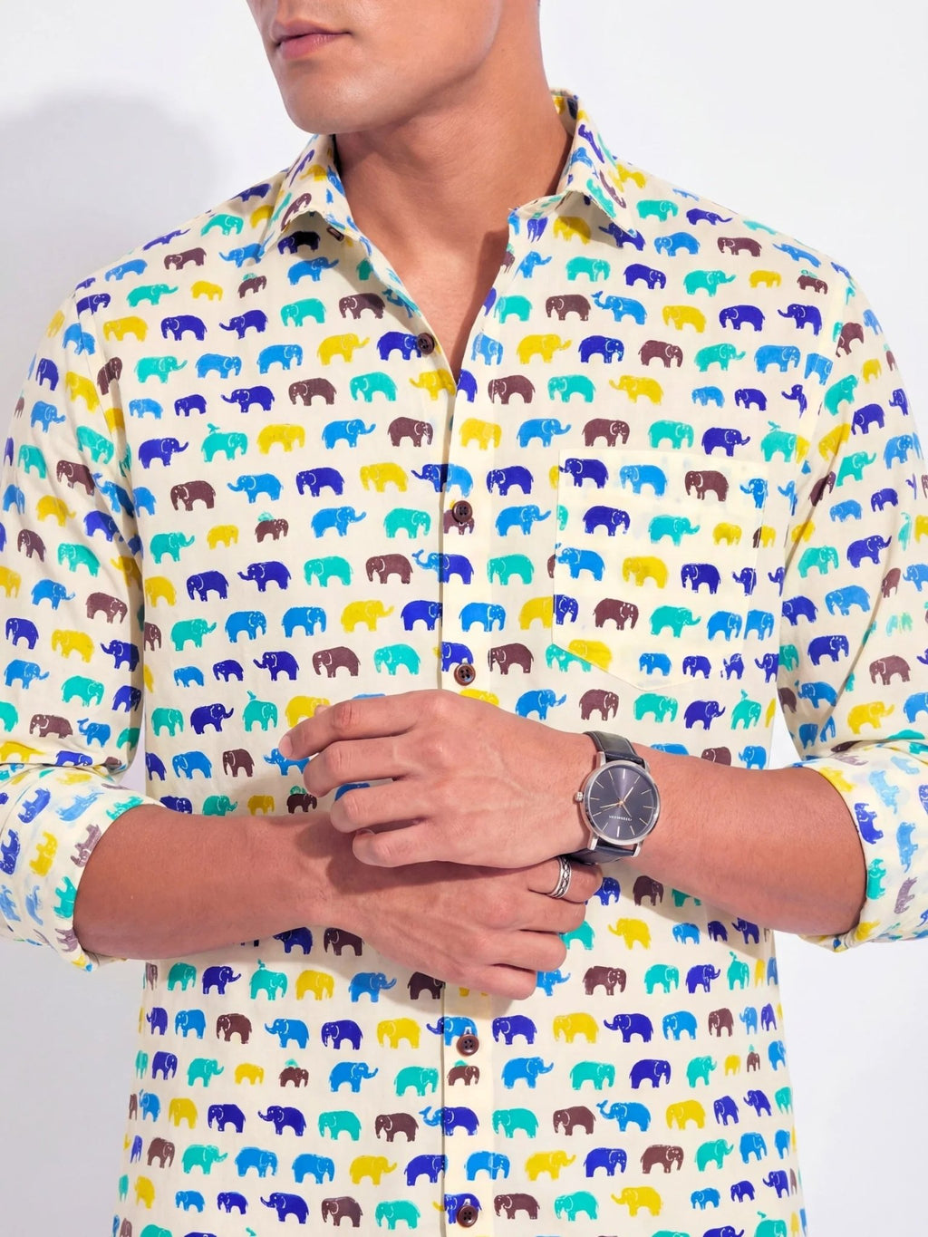 Rainbow Walk Elephants – Full Sleeve Cotton Shirt in Cream & Blue - Jaipuri Crown