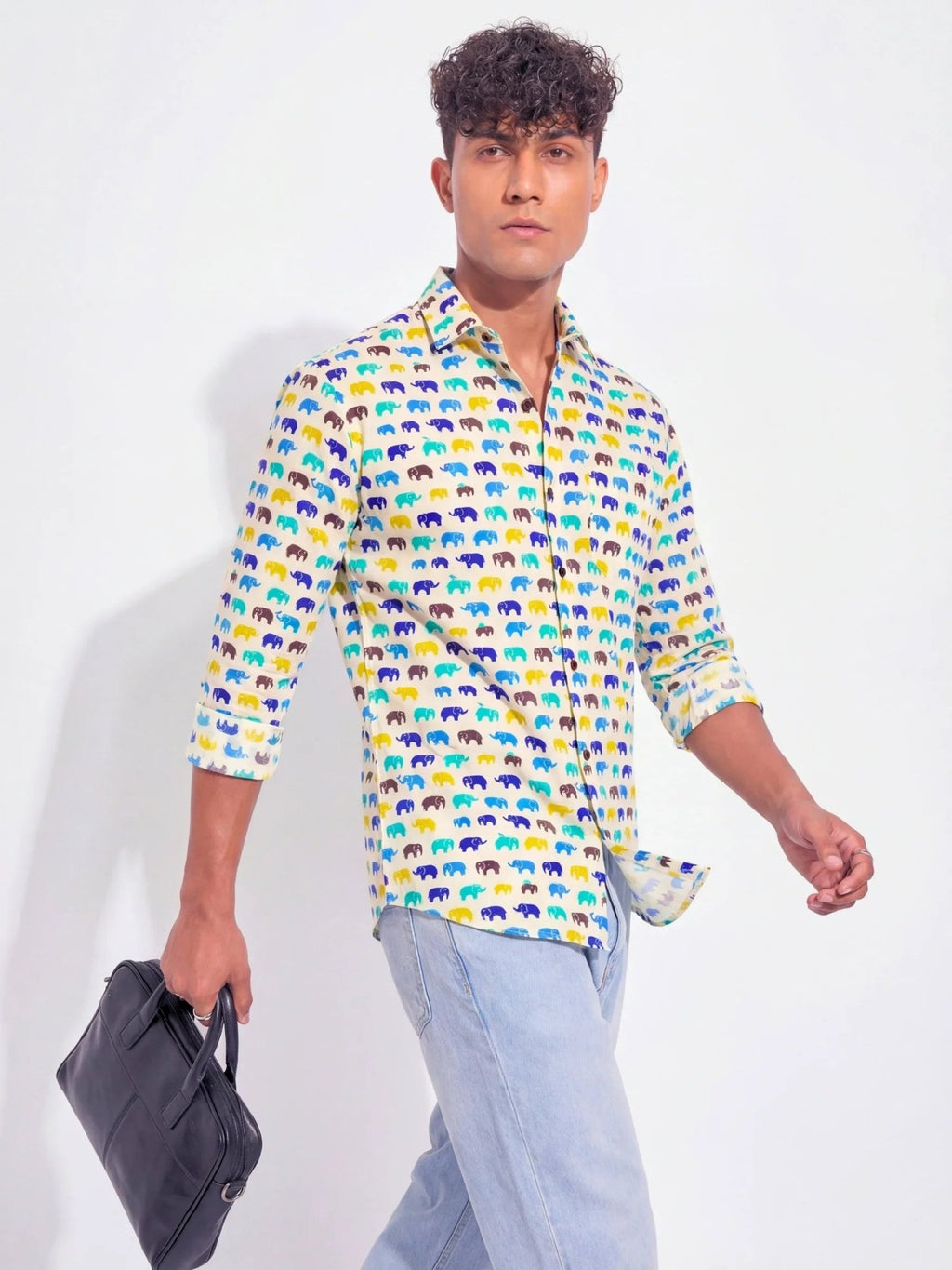 Rainbow Walk Elephants – Full Sleeve Cotton Shirt in Cream & Blue - Jaipuri Crown