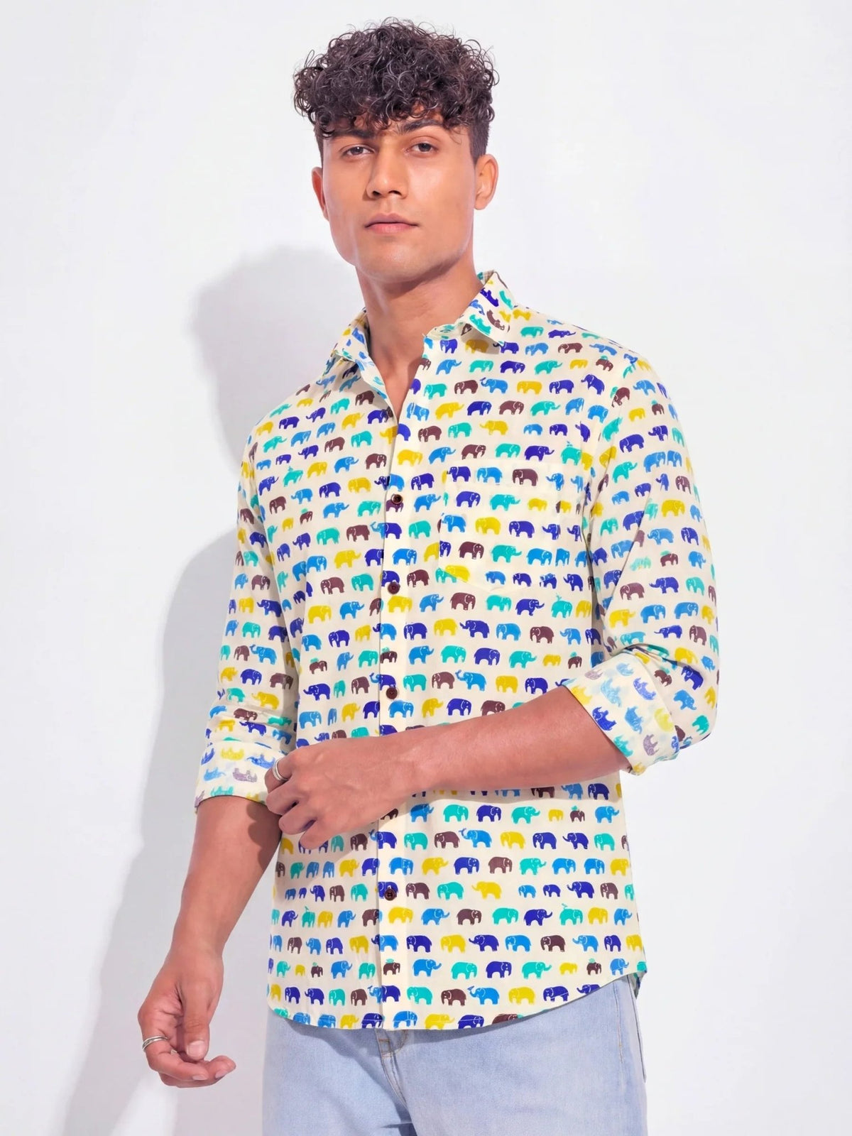 Rainbow Walk Elephants – Full Sleeve Cotton Shirt in Cream & Blue - Jaipuri Crown