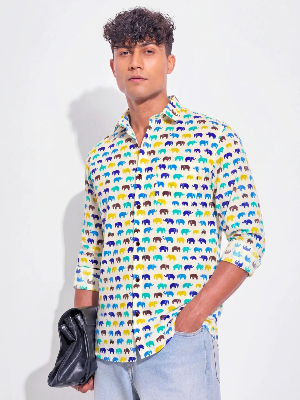 Rainbow Walk Elephants – Full Sleeve Cotton Shirt in Cream & Blue - Jaipuri Crown