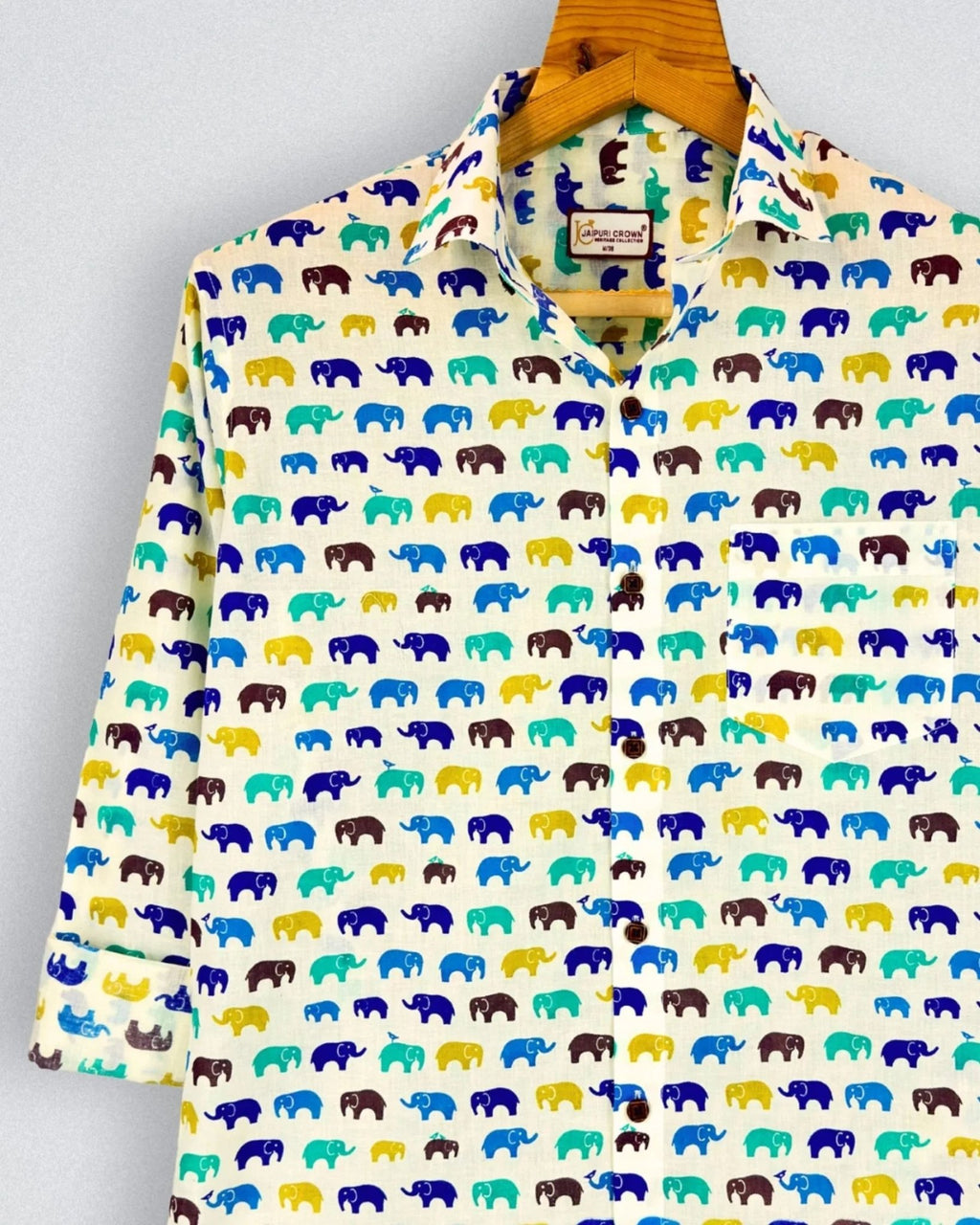 Rainbow Walk Elephants – Full Sleeve Cotton Shirt in Cream & Blue - Jaipuri Crown