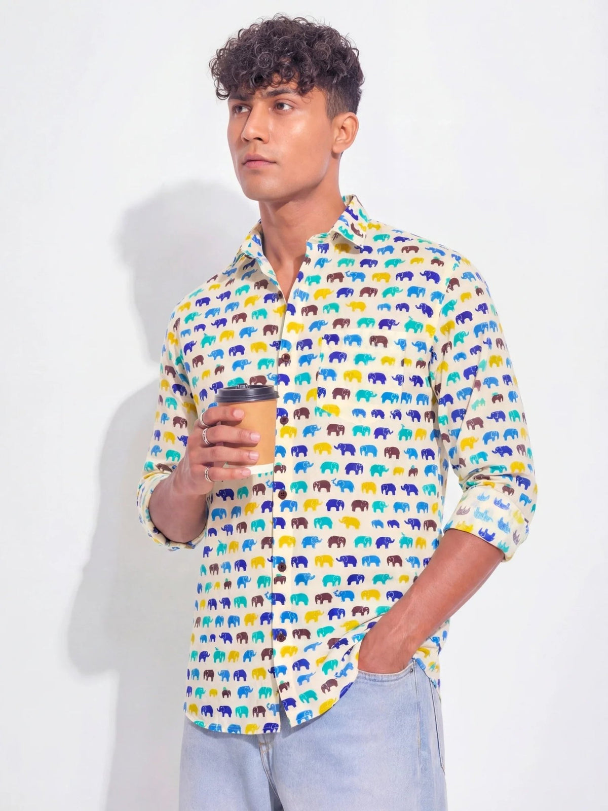 Rainbow Walk Elephants – Full Sleeve Cotton Shirt in Cream & Blue - Jaipuri Crown