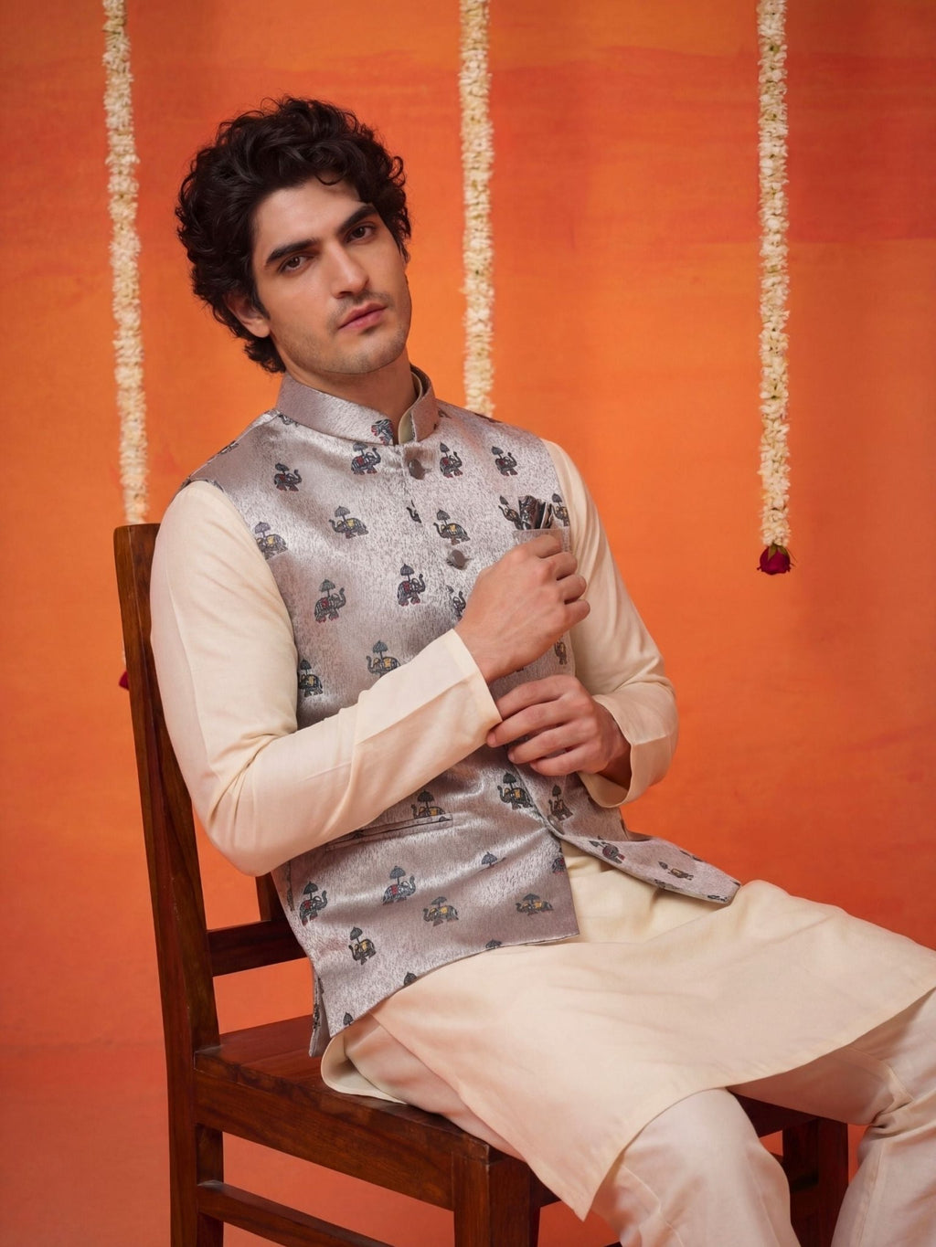 "राजस" (Rajas) Heritage Miniature Jacquard Modi Jacket - Jaipuri Crown