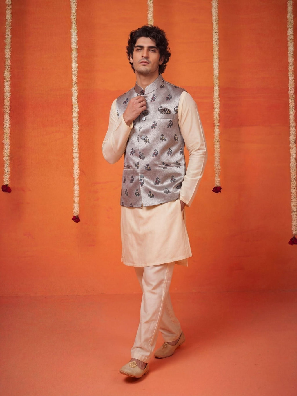 "राजस" (Rajas) Heritage Miniature Jacquard Modi Jacket - Jaipuri Crown
