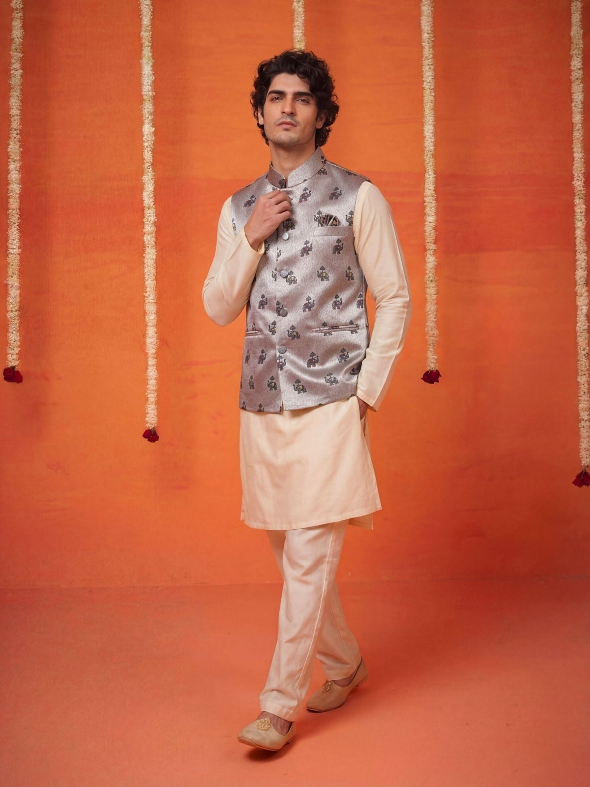 "राजस" (Rajas) Heritage Miniature Jacquard Modi Jacket - Jaipuri Crown
