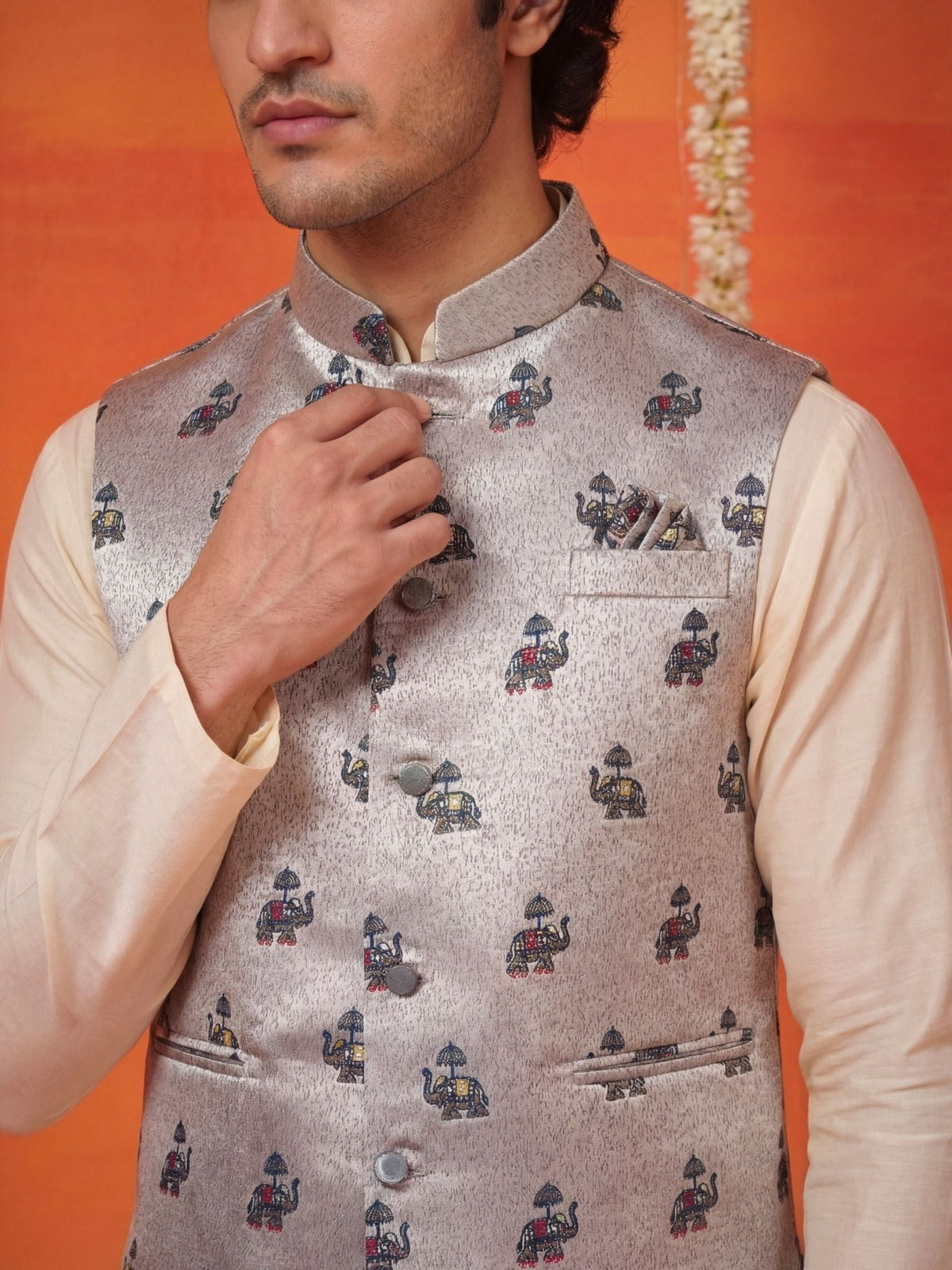 "राजस" (Rajas) Heritage Miniature Jacquard Modi Jacket - Jaipuri Crown