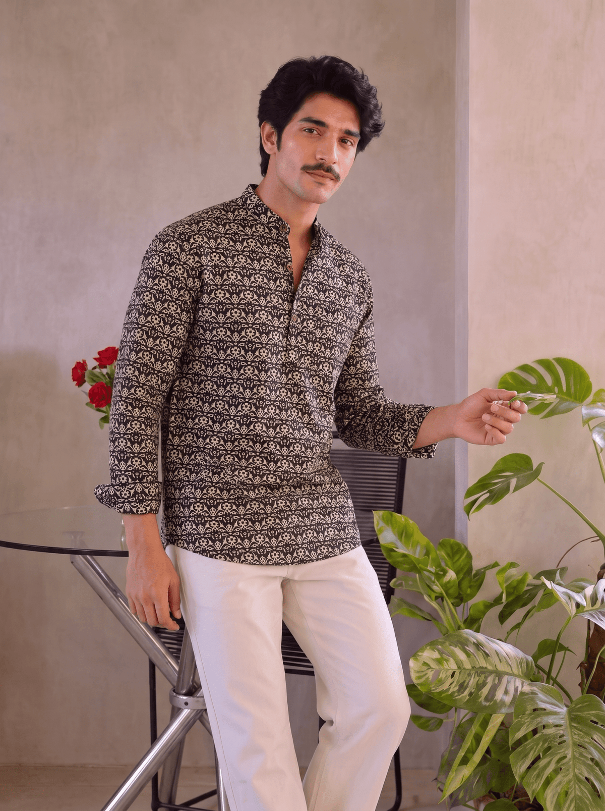 Rajasthani Charm – Men's Printed Cotton Short Kurta - Jaipuri Crown