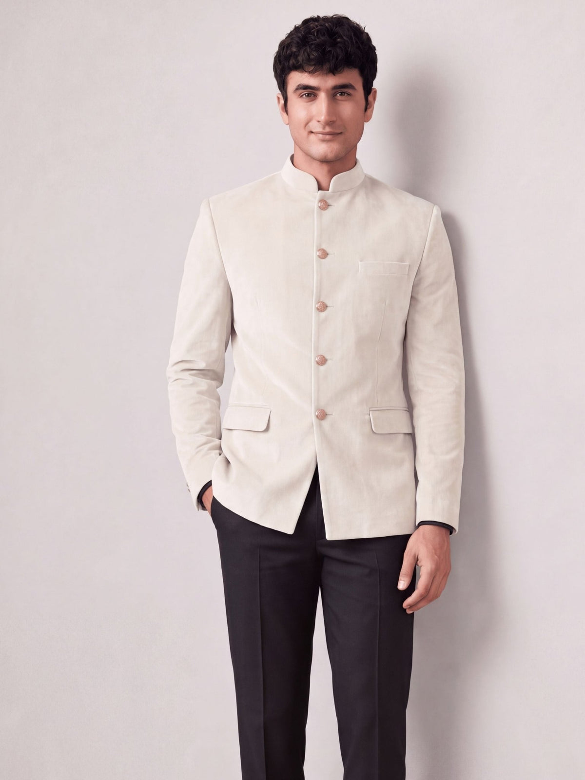 Rajwada Ivory Velvet Jodhpuri Bandhgala - Jaipuri Crown