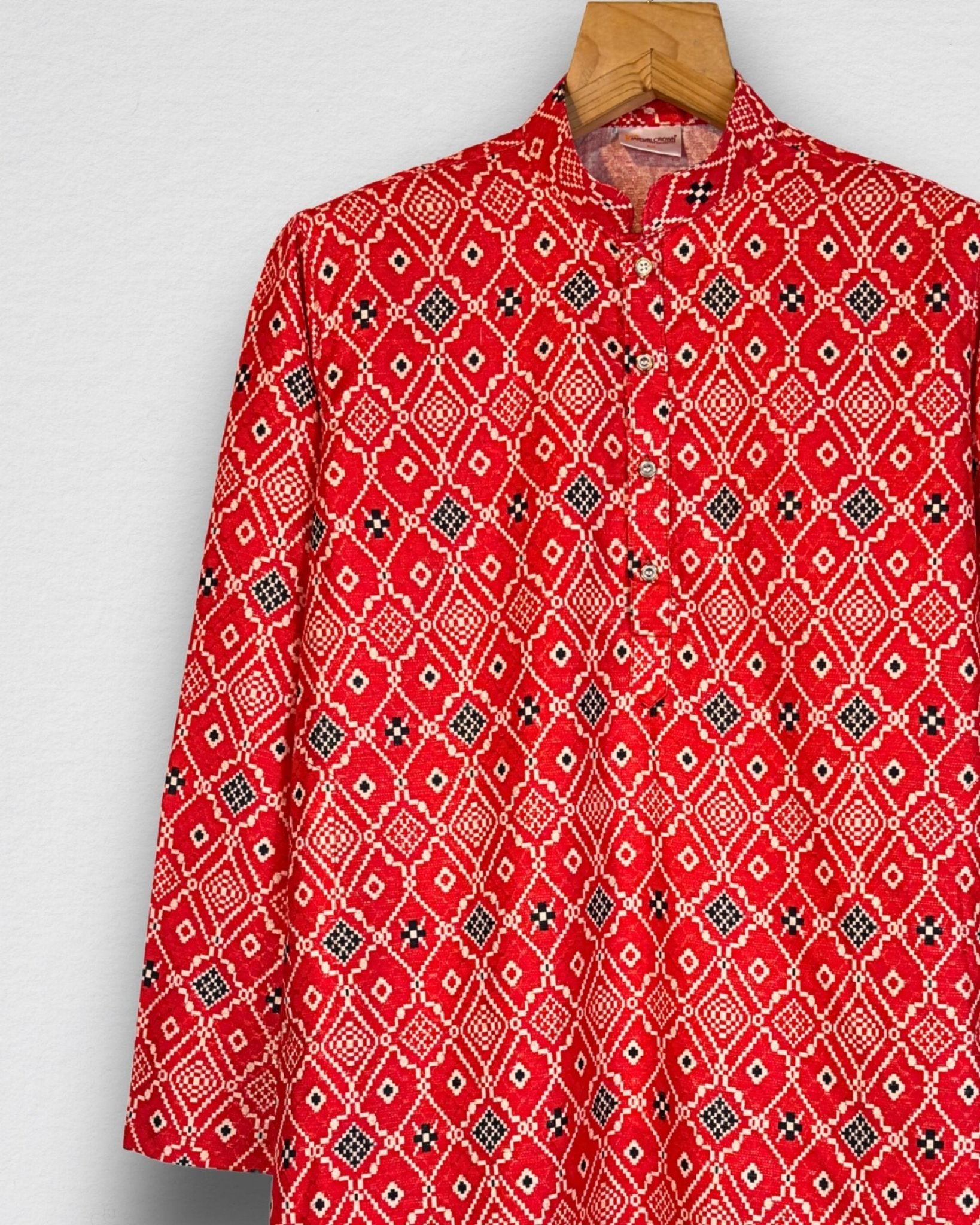 Red Bandhani Men's Long Kurta with Zari Work - Jaipuri Crown