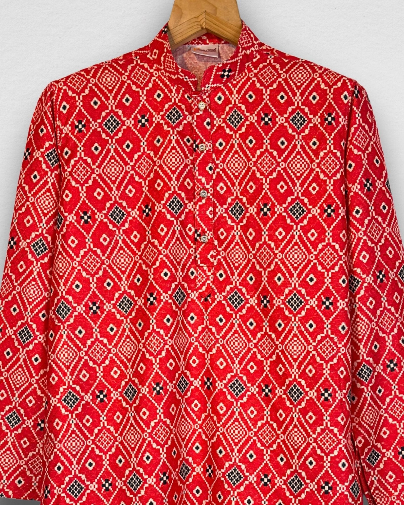 Red Bandhani Men's Long Kurta with Zari Work - Jaipuri Crown