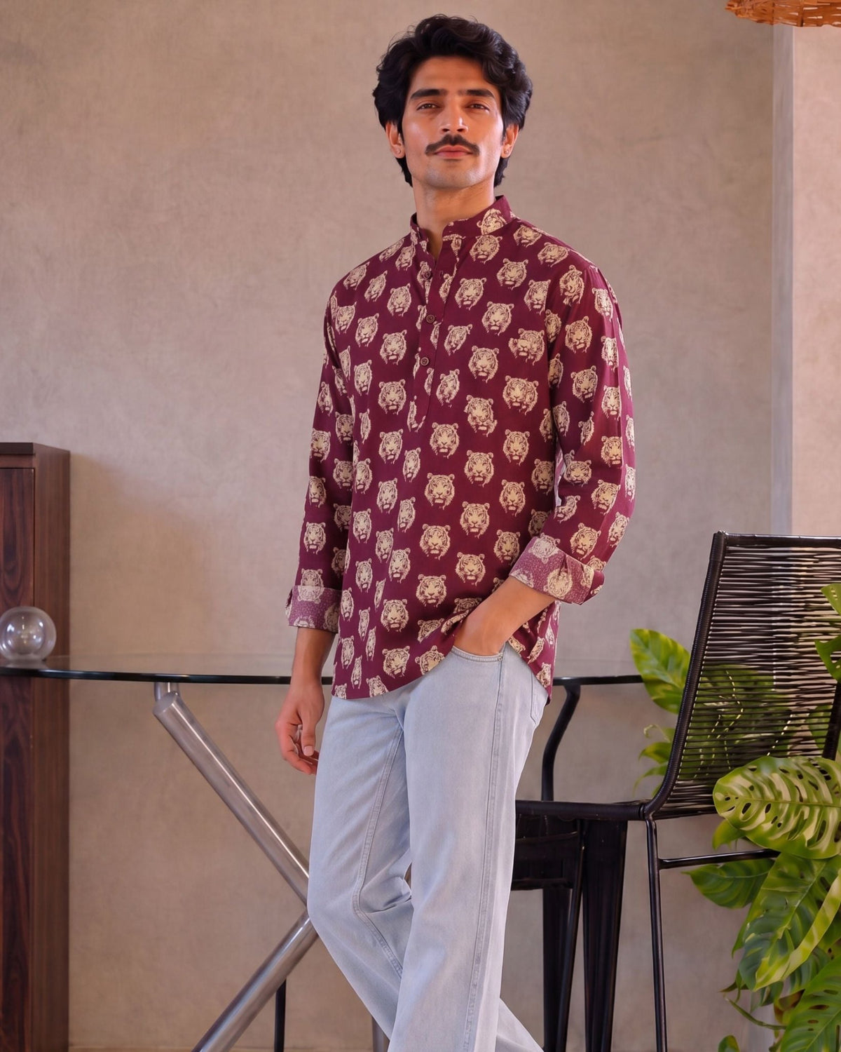 Roaring Elegance – Men's Tiger Print Cotton Kurta - Jaipuri Crown