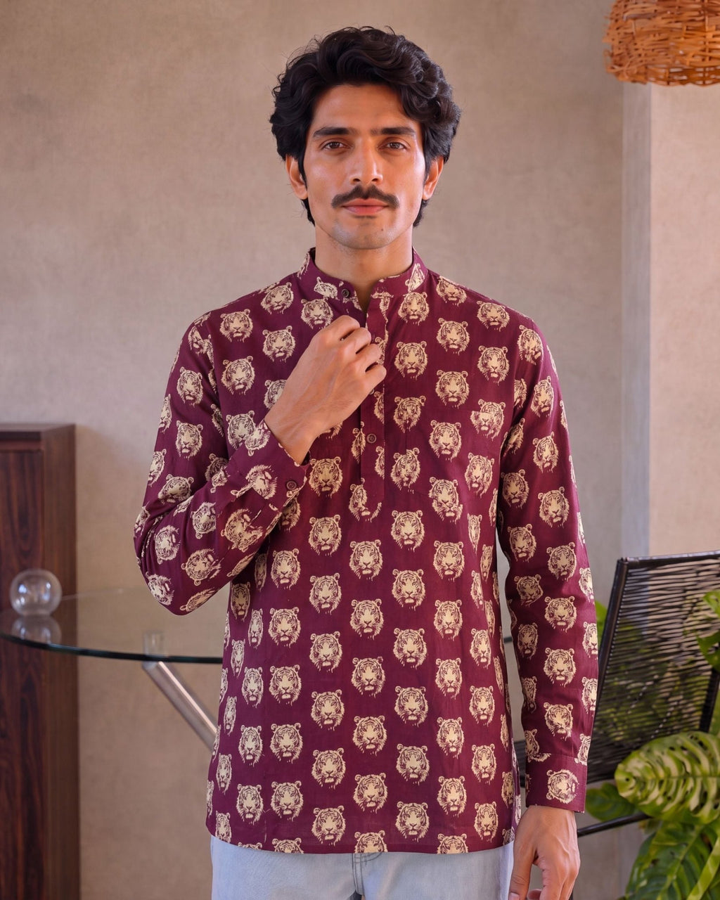 Roaring Elegance – Men's Tiger Print Cotton Kurta - Jaipuri Crown
