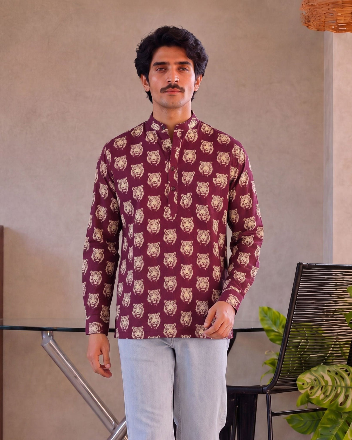 Roaring Elegance – Men's Tiger Print Cotton Kurta - Jaipuri Crown