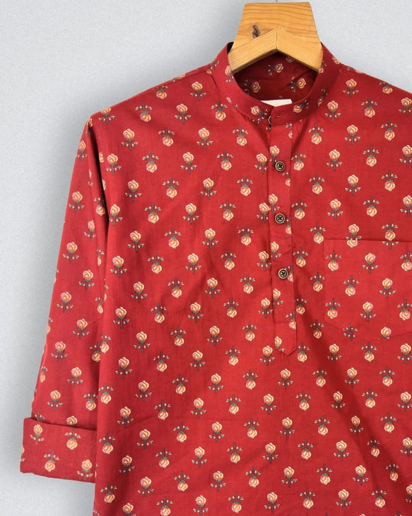 Rose Garden – Printed Cotton Short Kurta in Red - Jaipuri Crown