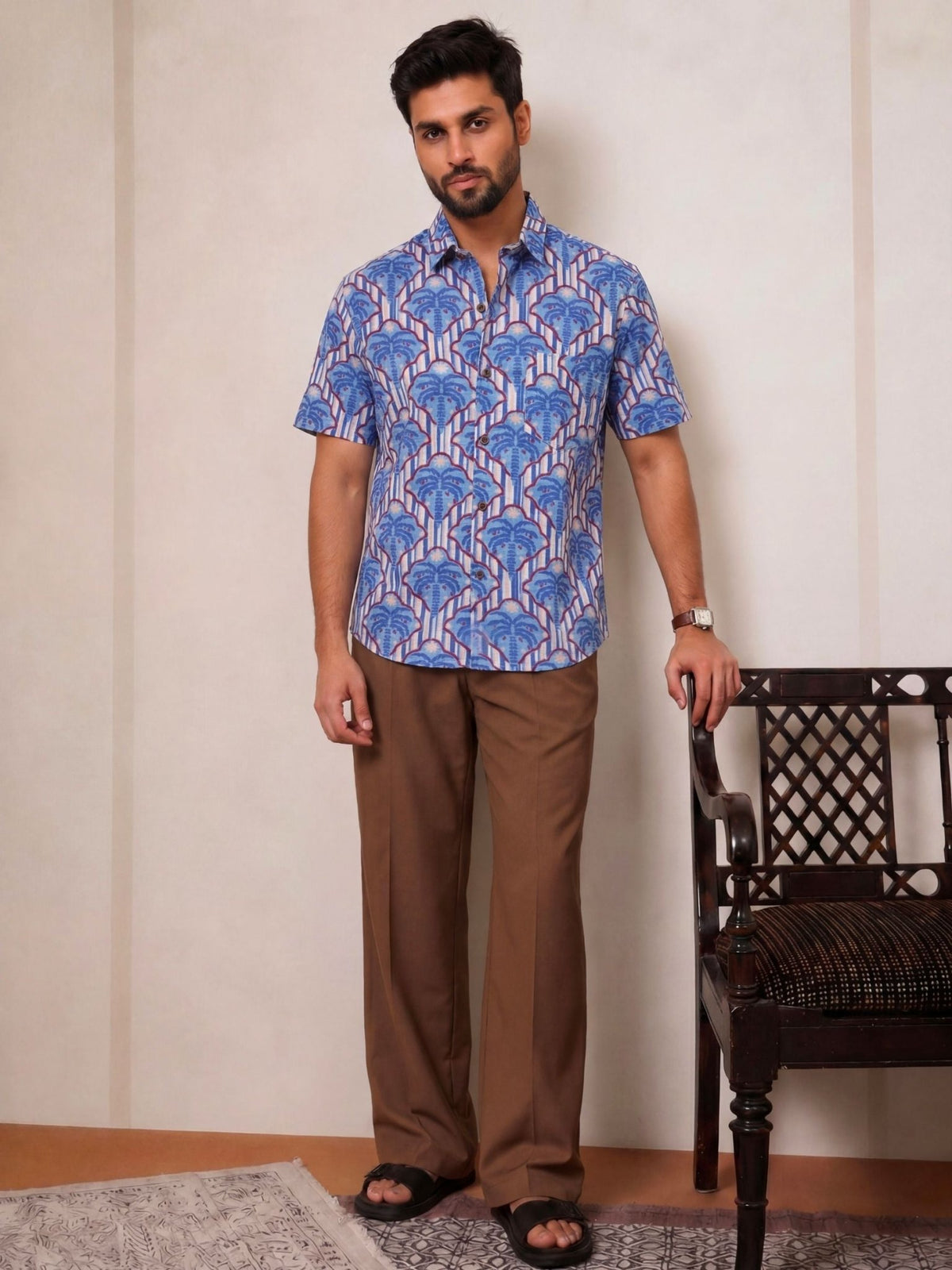Royal Blue Blossom – Printed Cotton Half Sleeve Shirt - Jaipuri Crown